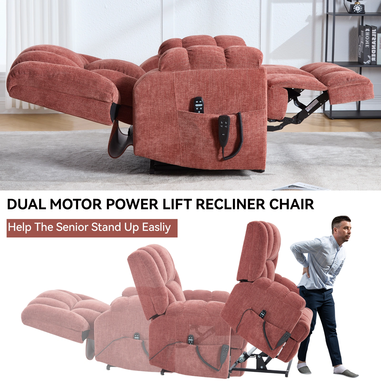 Dual Motor Heat Massage Recliner Chair - Electric Power Lift Recliner with Remote, Infinite Position Up to 350 LBS, Medium-Firm Heavy Duty, Red view 13