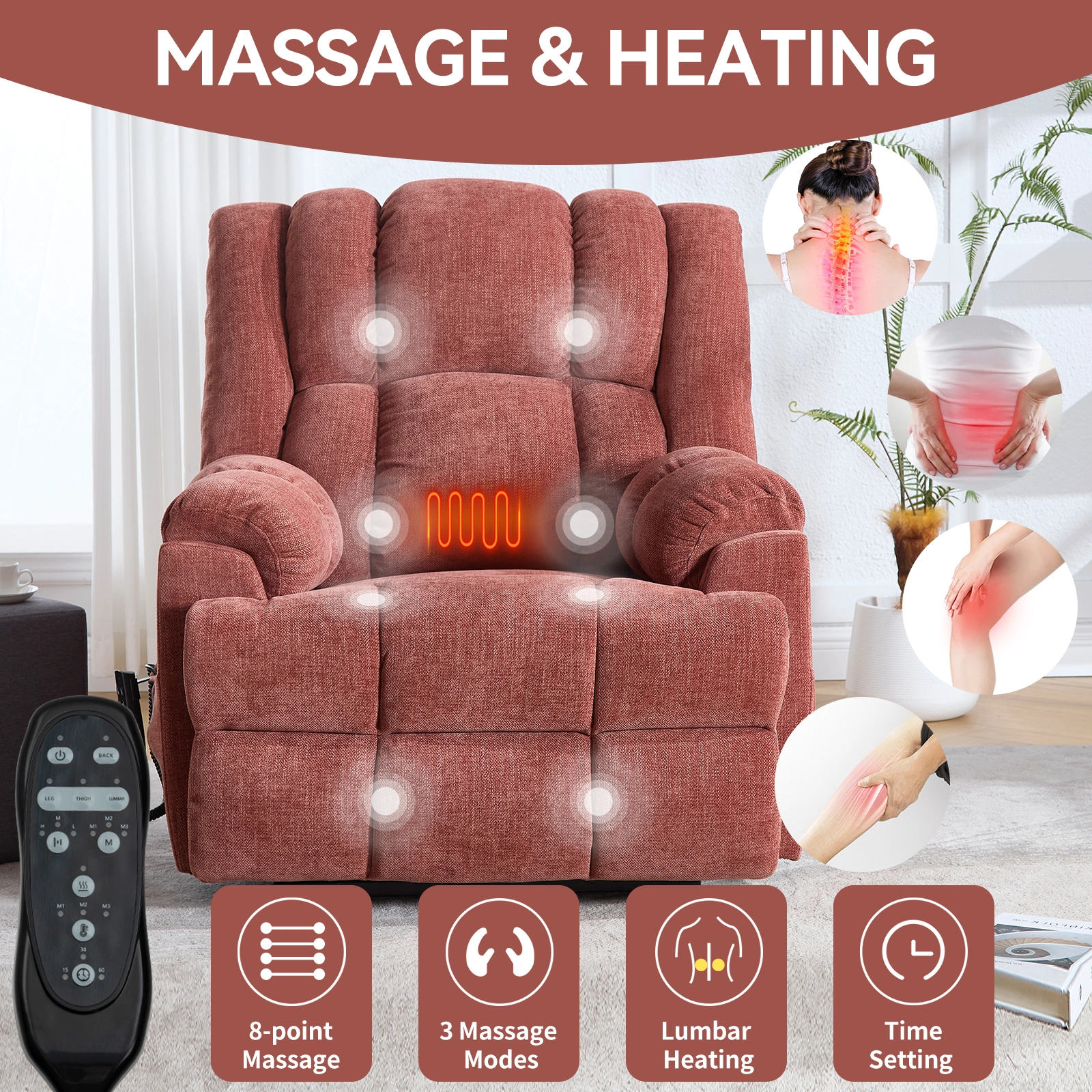 Dual Motor Heat Massage Recliner Chair - Electric Power Lift Recliner with Remote, Infinite Position Up to 350 LBS, Medium-Firm Heavy Duty, Red view 15