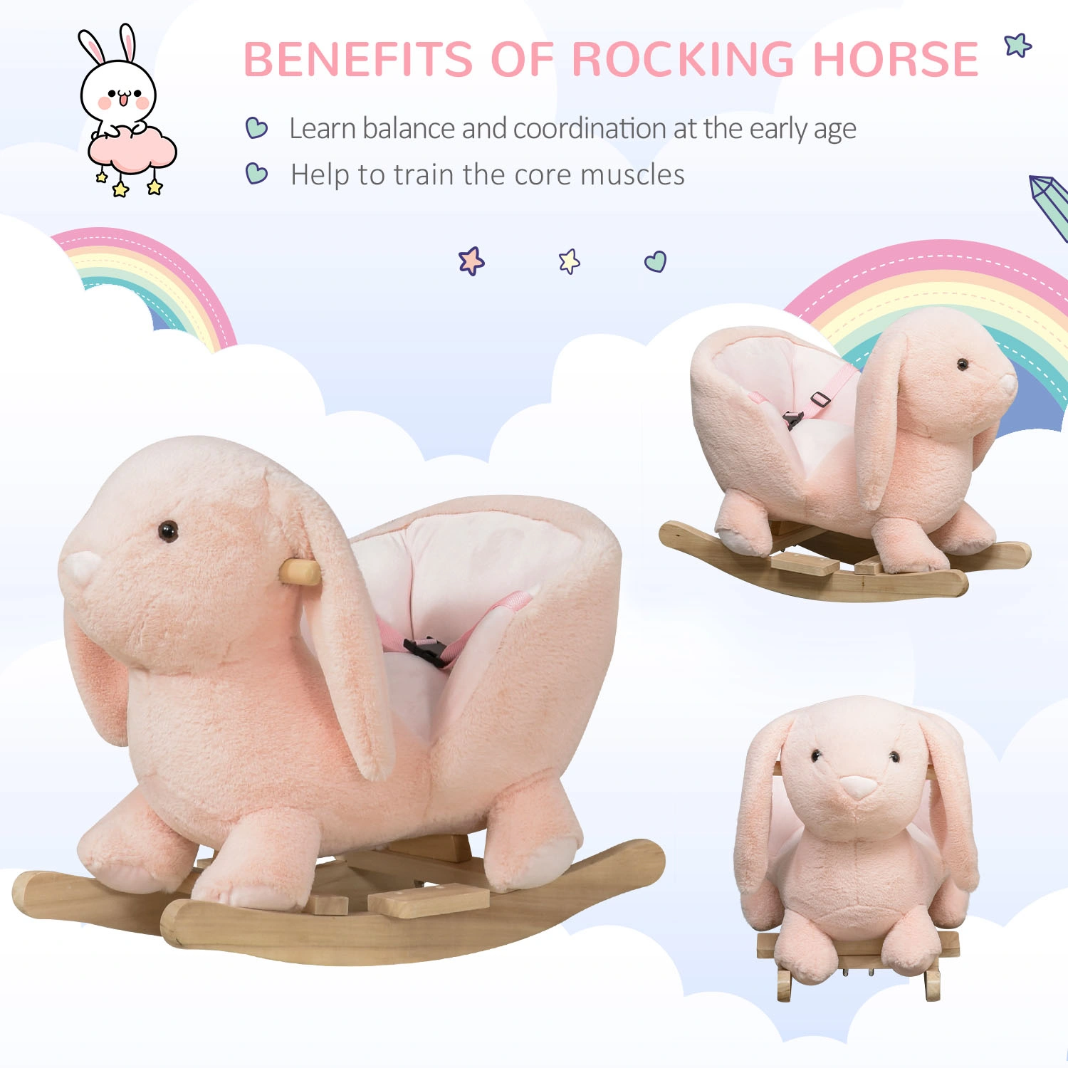 Kids Rocking Horse with Music, Wooden Pony for Toddlers, Baby Rhythmic Musical Toy view 3