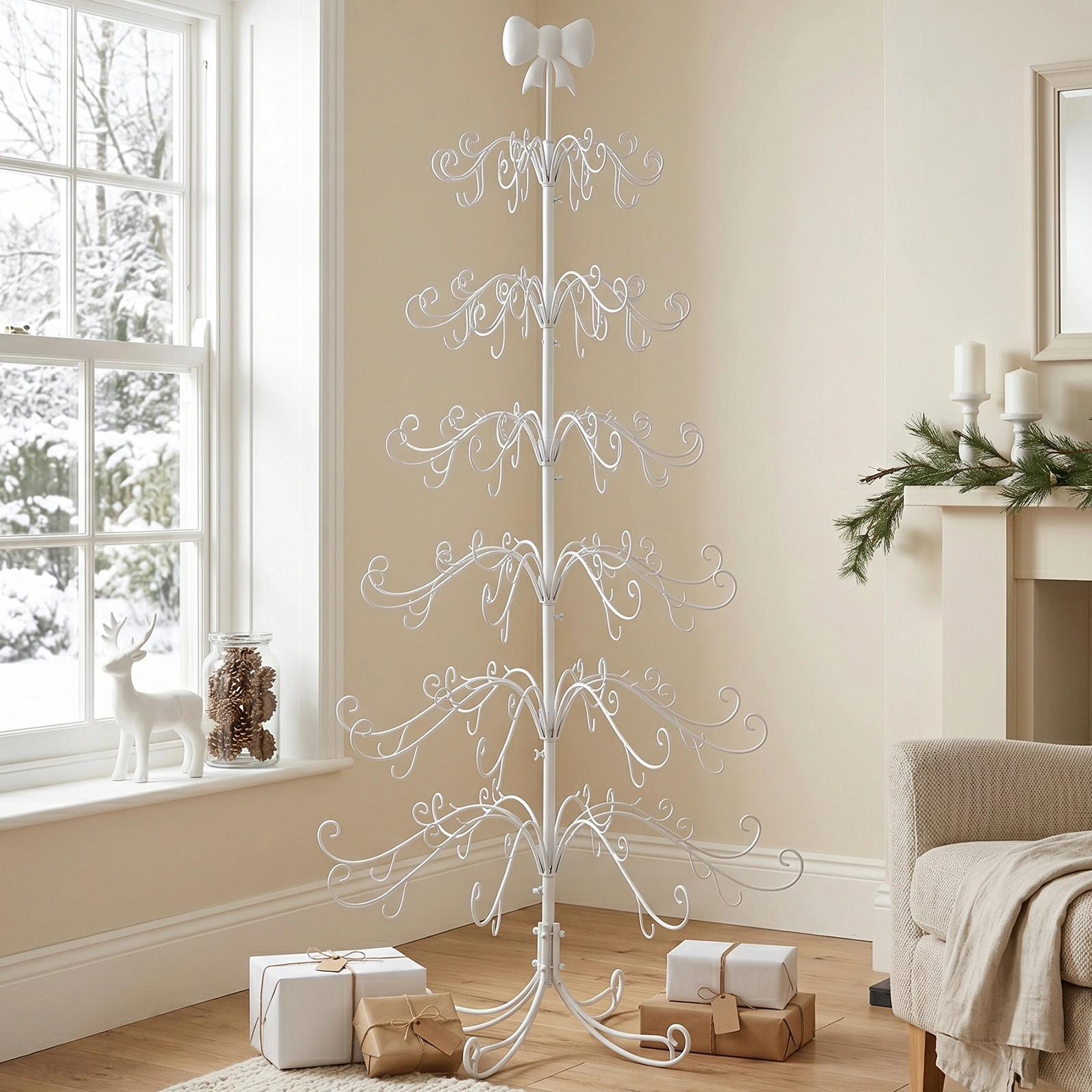 6ft White PVC Metal Artificial Christmas Tree with Bow Topper, No Extra Ornaments, Daily Decor Tree view 10