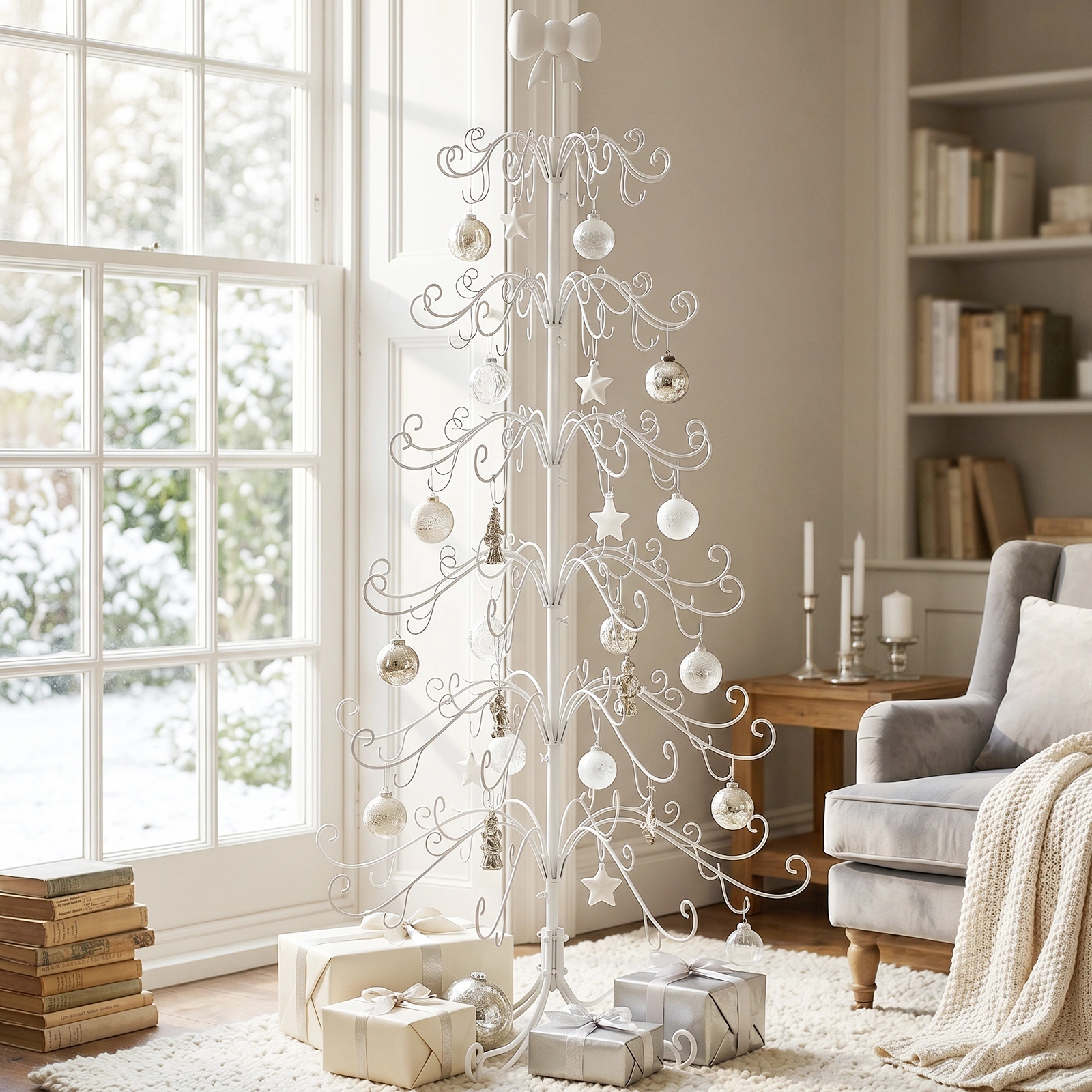 6ft White PVC Metal Artificial Christmas Tree with Bow Topper, No Extra Ornaments, Daily Decor Tree view 8