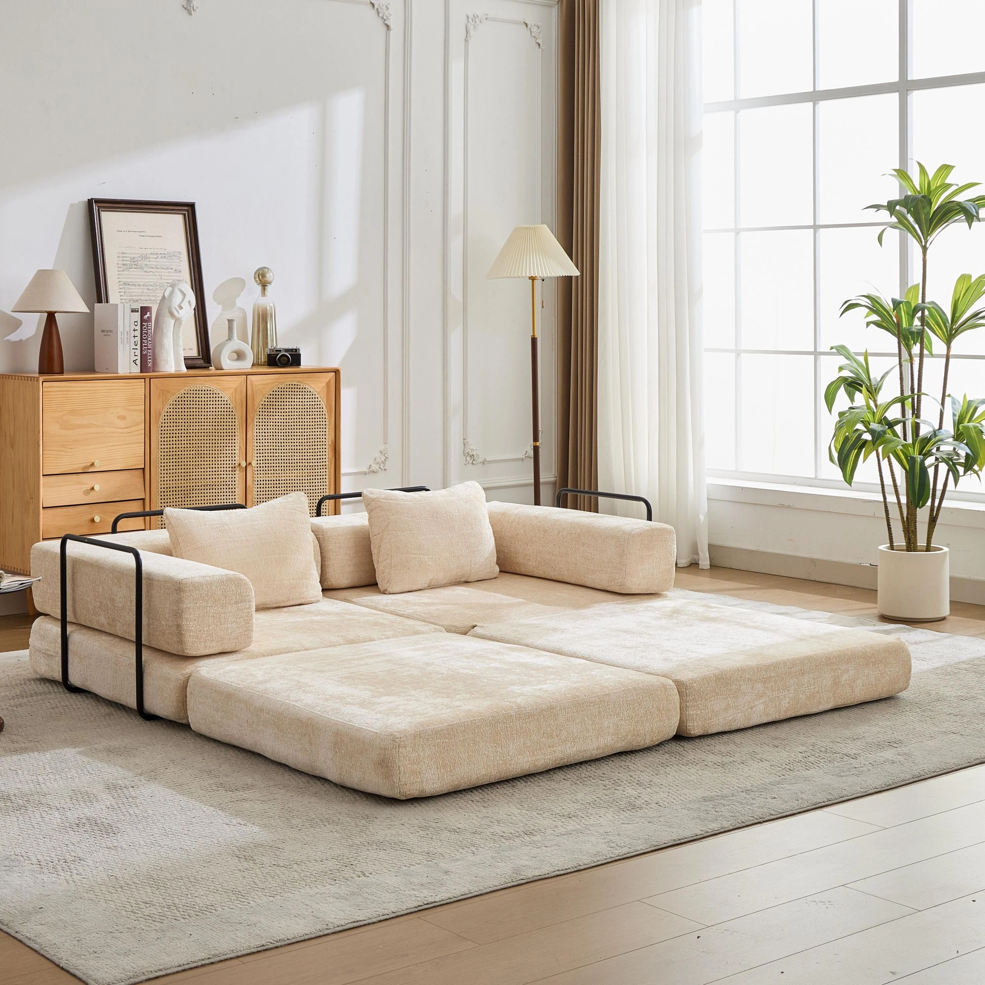 Compression Sofa,Convertible Floor Sofa Bed with Fixed-Shape Frame, Loveseats Boneless Modular Sectional Sofa,No Assembly Required,Chenille fabric,for Living Room Bedroom,Beige view 2