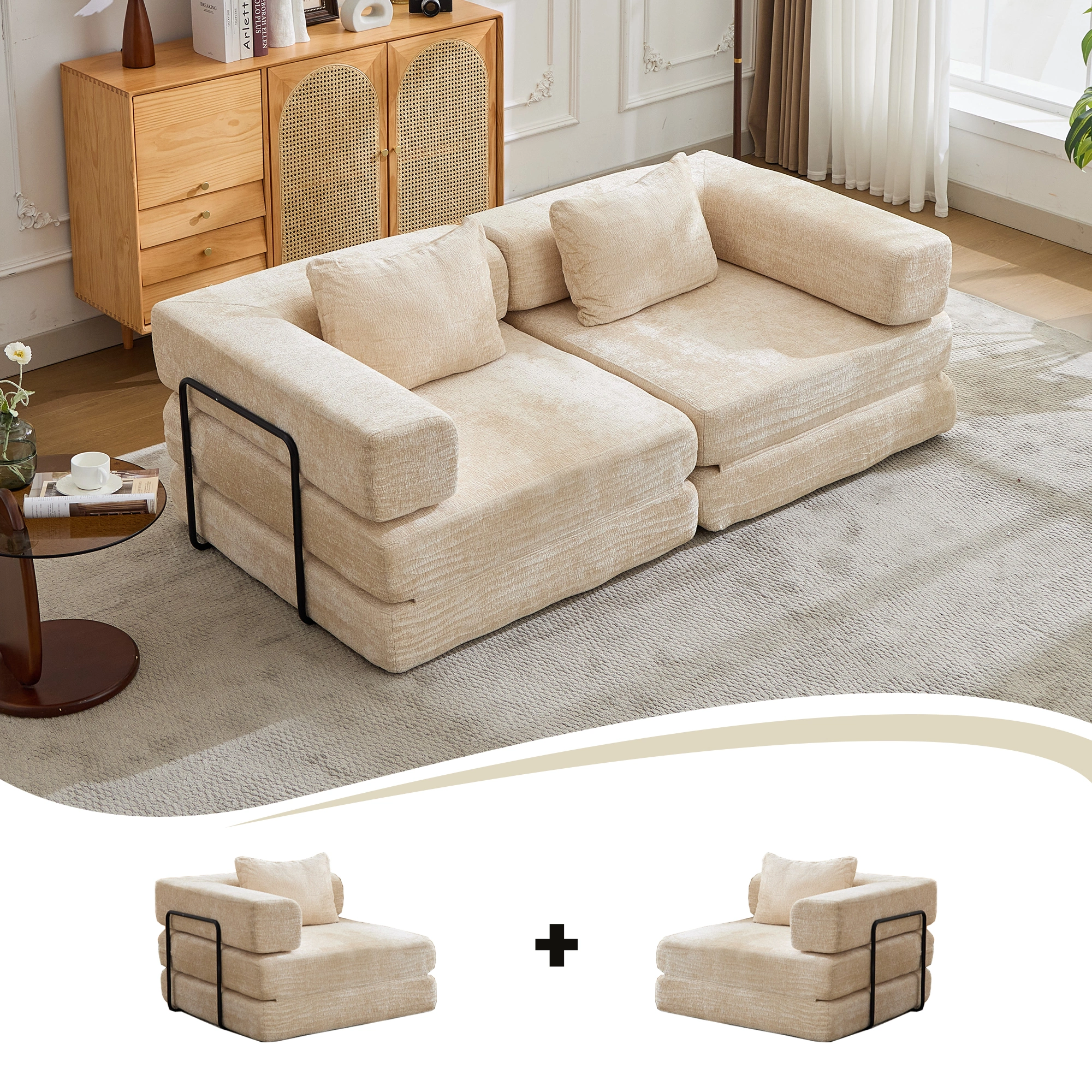 Compression Sofa,Convertible Floor Sofa Bed with Fixed-Shape Frame, Loveseats Boneless Modular Sectional Sofa,No Assembly Required,Chenille fabric,for Living Room Bedroom,Beige view 4
