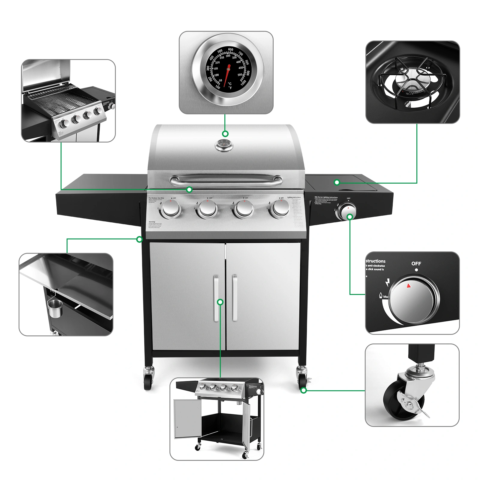 Stainless Steel BBQ Grill Outdoor Charcoal Smoker with Lid