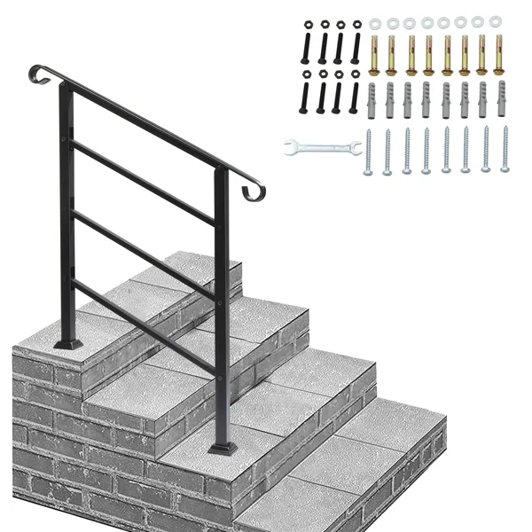 Handrails for Outdoor Steps, Wrought Iron Handrail Fits 1 or 3 Steps, Transitional Handrail with Installation Kit, Black view 5