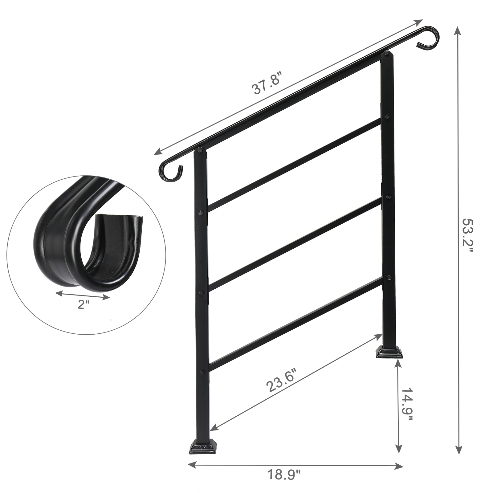 Handrails for Outdoor Steps, Wrought Iron Handrail Fits 1 or 3 Steps, Transitional Handrail with Installation Kit, Black view 2