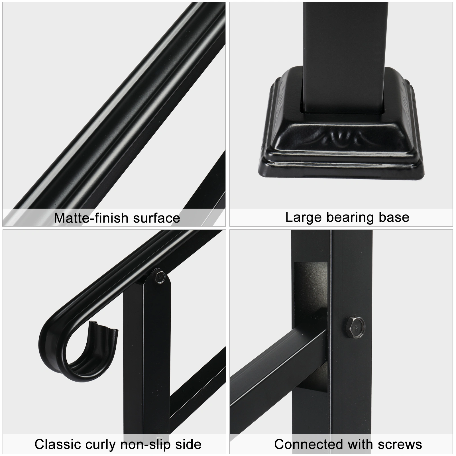 Handrails for Outdoor Steps, Wrought Iron Handrail Fits 1 or 3 Steps, Transitional Handrail with Installation Kit, Black view 4