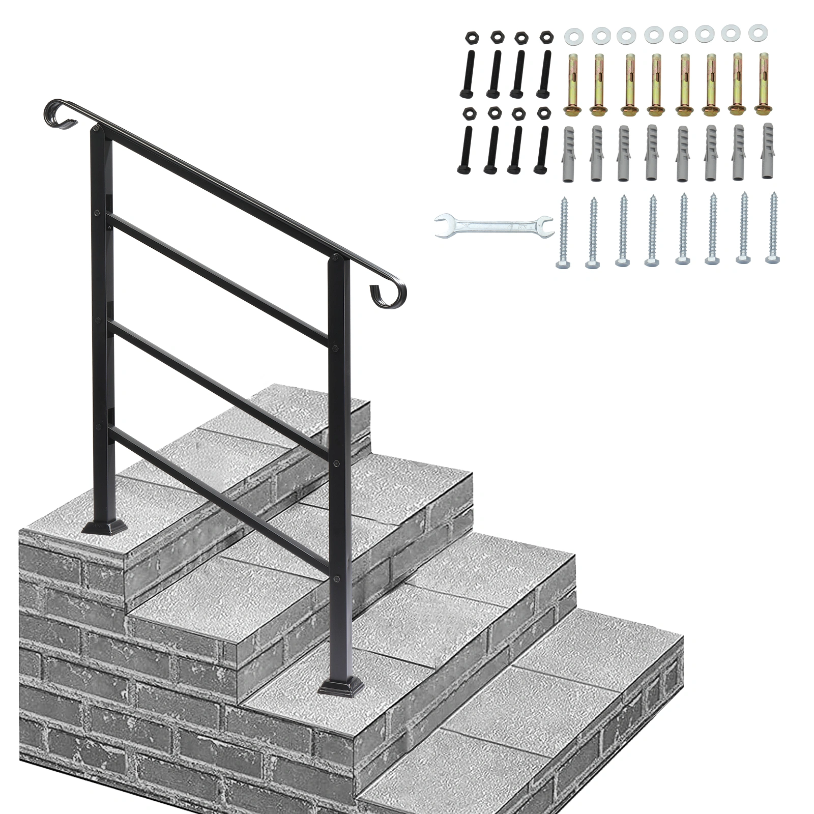 Handrails for Outdoor Steps, Wrought Iron Handrail Fits 1 or 3 Steps, Transitional Handrail with Installation Kit, Black view 5