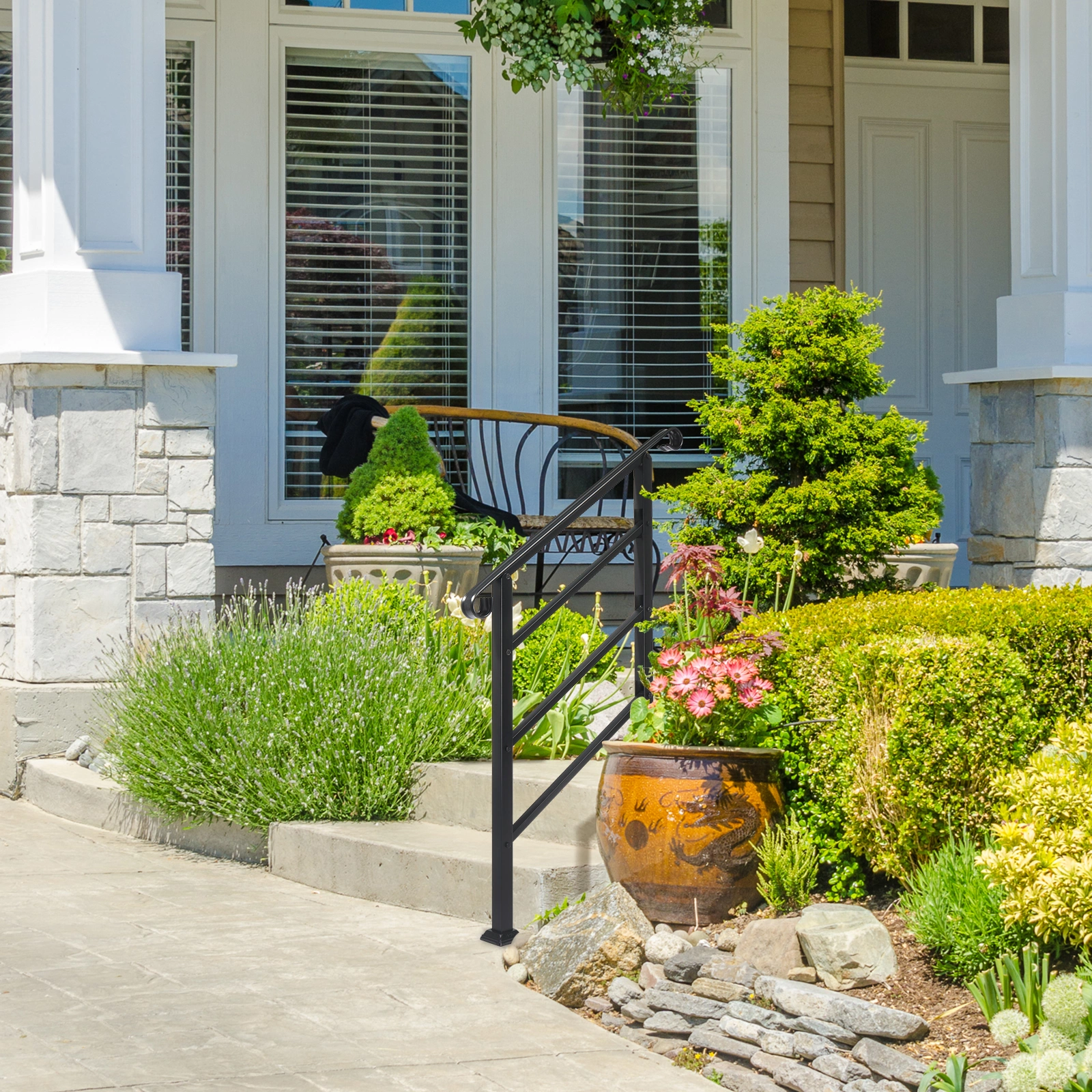 Handrails for Outdoor Steps, Wrought Iron Handrail Fits 1 or 3 Steps, Transitional Handrail with Installation Kit, Black view 8