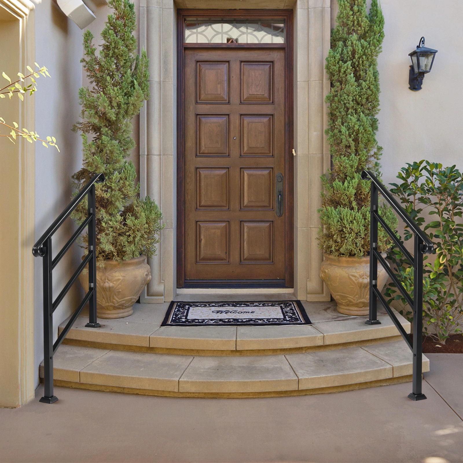 Handrails for Outdoor Steps, Wrought Iron Handrail Fits 1 or 3 Steps, Transitional Handrail with Installation Kit, Black view 9
