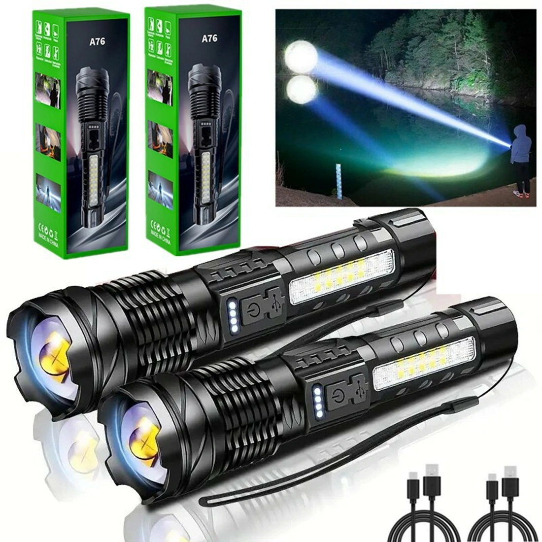 2 Pack USB Rechargeable LED Flashlight Adjustable Focus Camping Hiking Outdoor