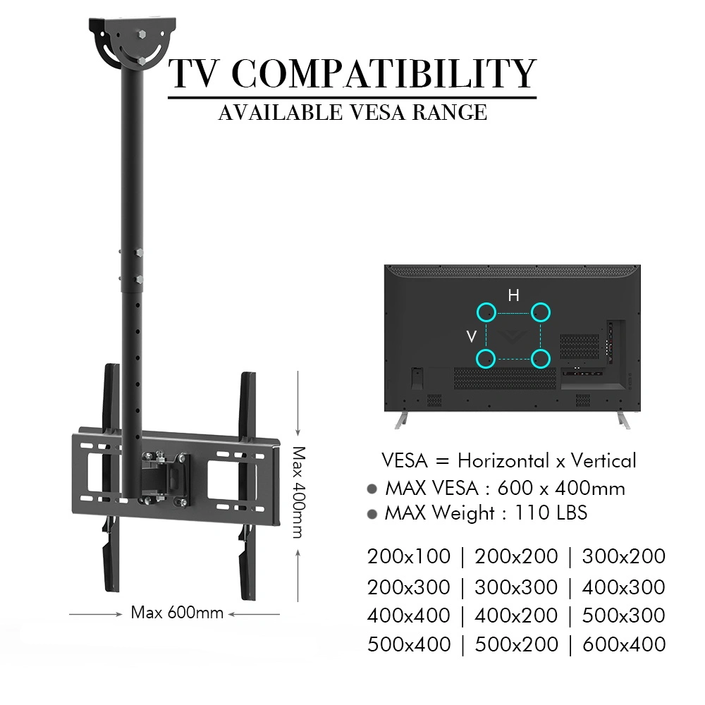 TMC-7006 Ceiling Mount TV Wall Bracket, Retractable Roof Rack Pole for 32"-70" Flat Screen TVs, Wall or Ceiling Mount view 14