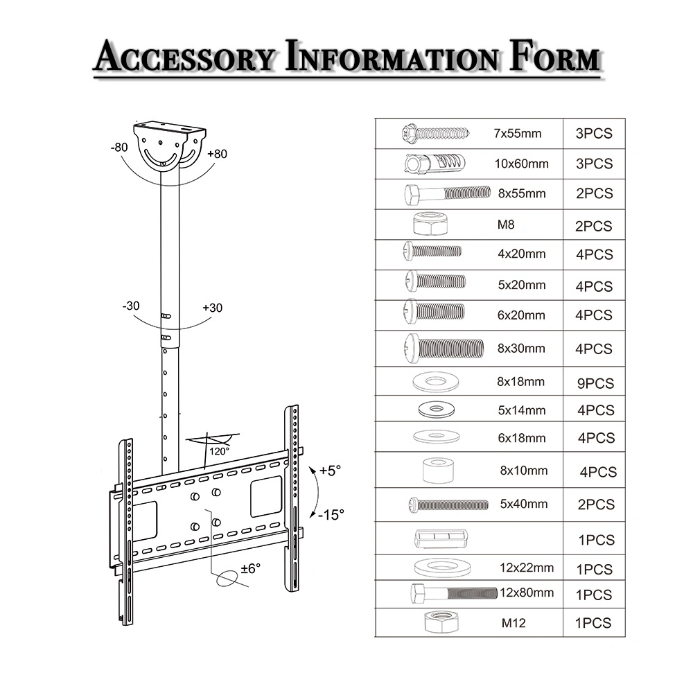 TMC-7006 Ceiling Mount TV Wall Bracket, Retractable Roof Rack Pole for 32"-70" Flat Screen TVs, Wall or Ceiling Mount view 17