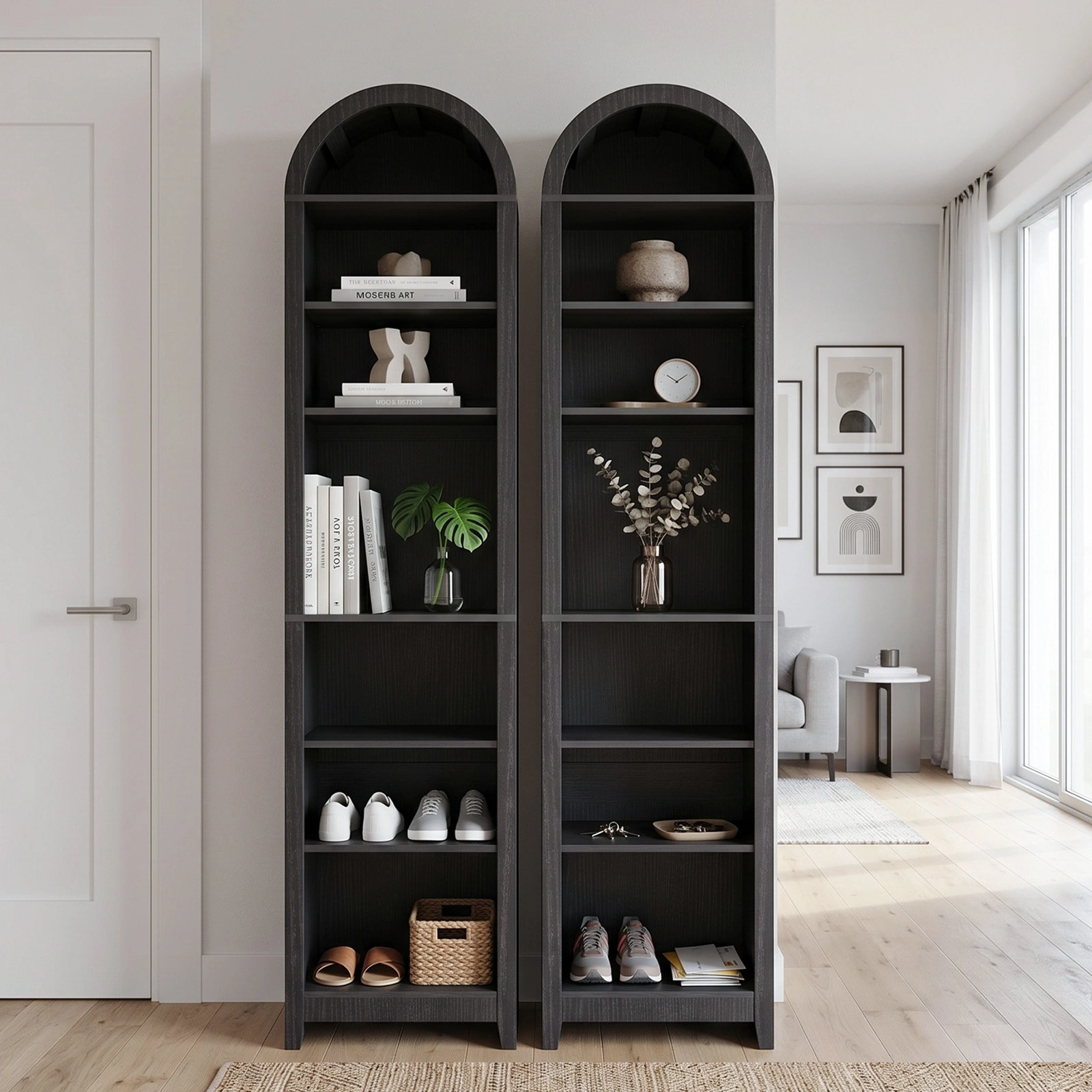 8-Tier Arched Dome Display Rack Particleboard Melamine-Faced Bookshelf 15.75*11.81*70in Black view 10