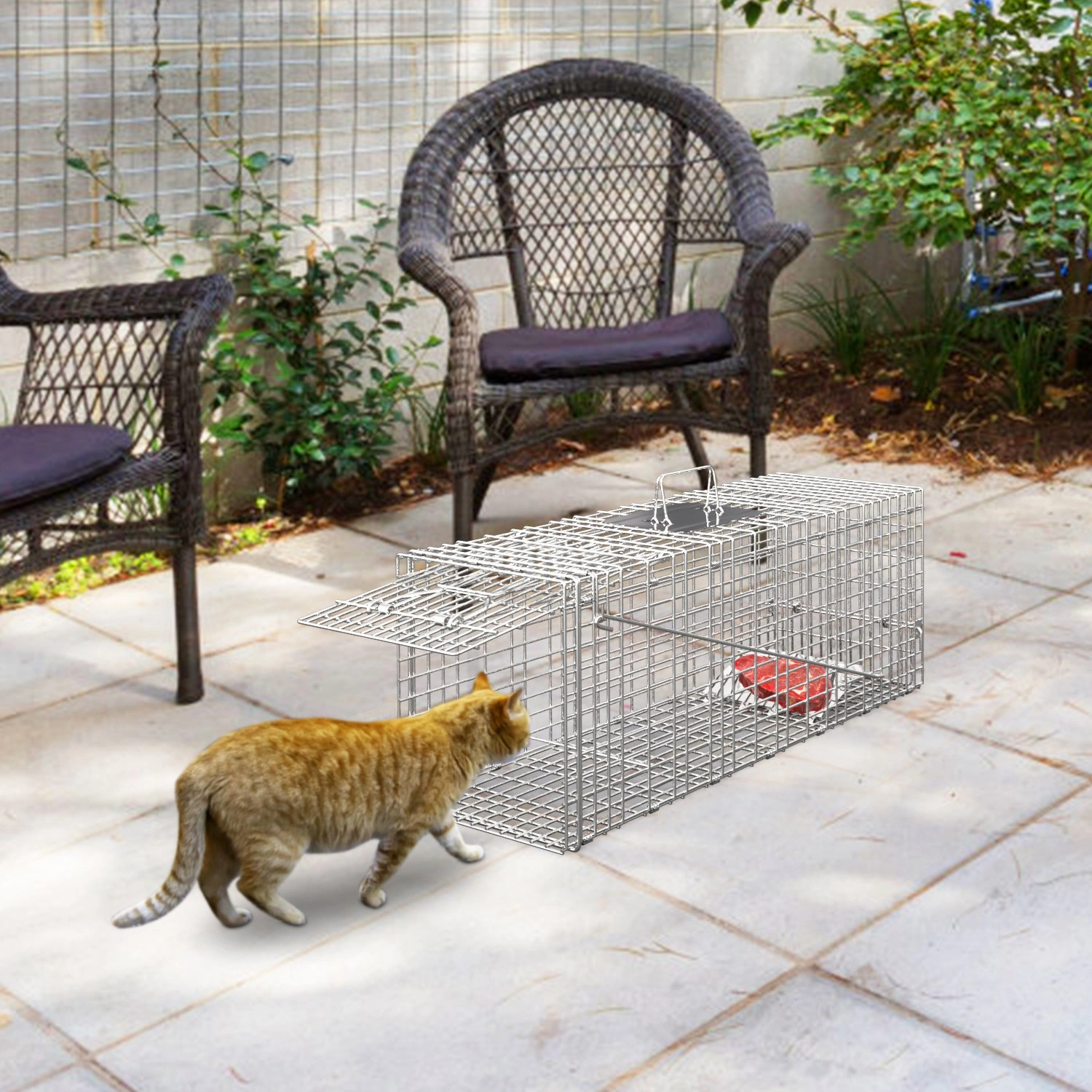 Humane Animal Trap Cage 30.51x11.02x11.81in, Galvanized Wire Mesh, Sensitive Trigger Dual Doors, Handle Guard Plate, Collapsible for Raccoons/Opossums/Skunks Under 16.5lbs view 10