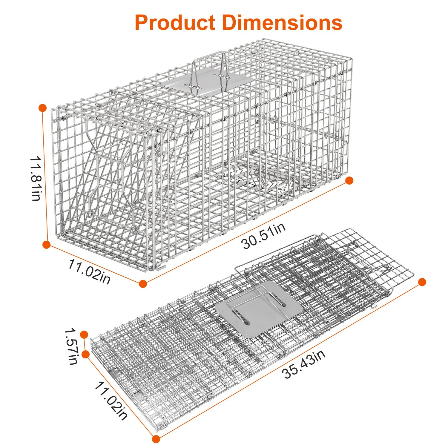 Humane Animal Trap Cage 30.51x11.02x11.81in, Galvanized Wire Mesh, Sensitive Trigger Dual Doors, Handle Guard Plate, Collapsible for Raccoons/Opossums/Skunks Under 16.5lbs view 13