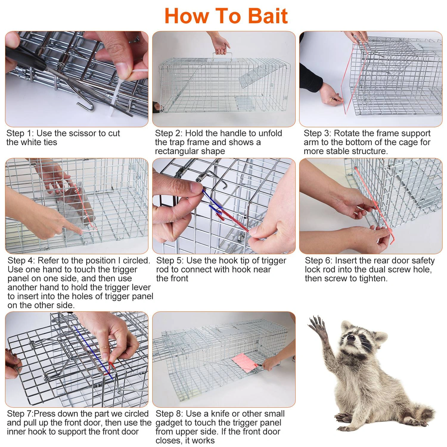 Humane Animal Trap Cage 30.51x11.02x11.81in, Galvanized Wire Mesh, Sensitive Trigger Dual Doors, Handle Guard Plate, Collapsible for Raccoons/Opossums/Skunks Under 16.5lbs view 4