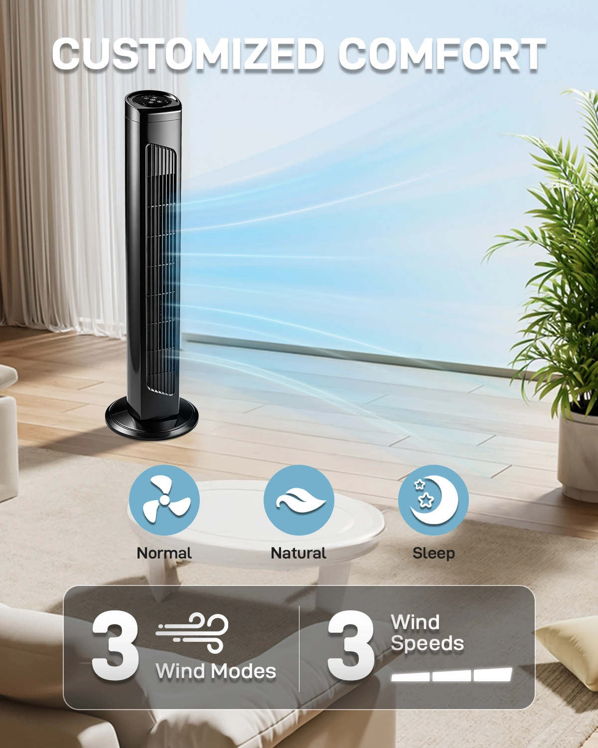 US Standard RTW-AR Tower Fan, 110V, 45W, 32 Inch Column Tower Fan, Touch Control with Remote, Plastic Body, Copper Motor, Black, 3 Speeds, 3 Wind Modes, Oscillating, 7.5-Hour Timer for Home Use view 17