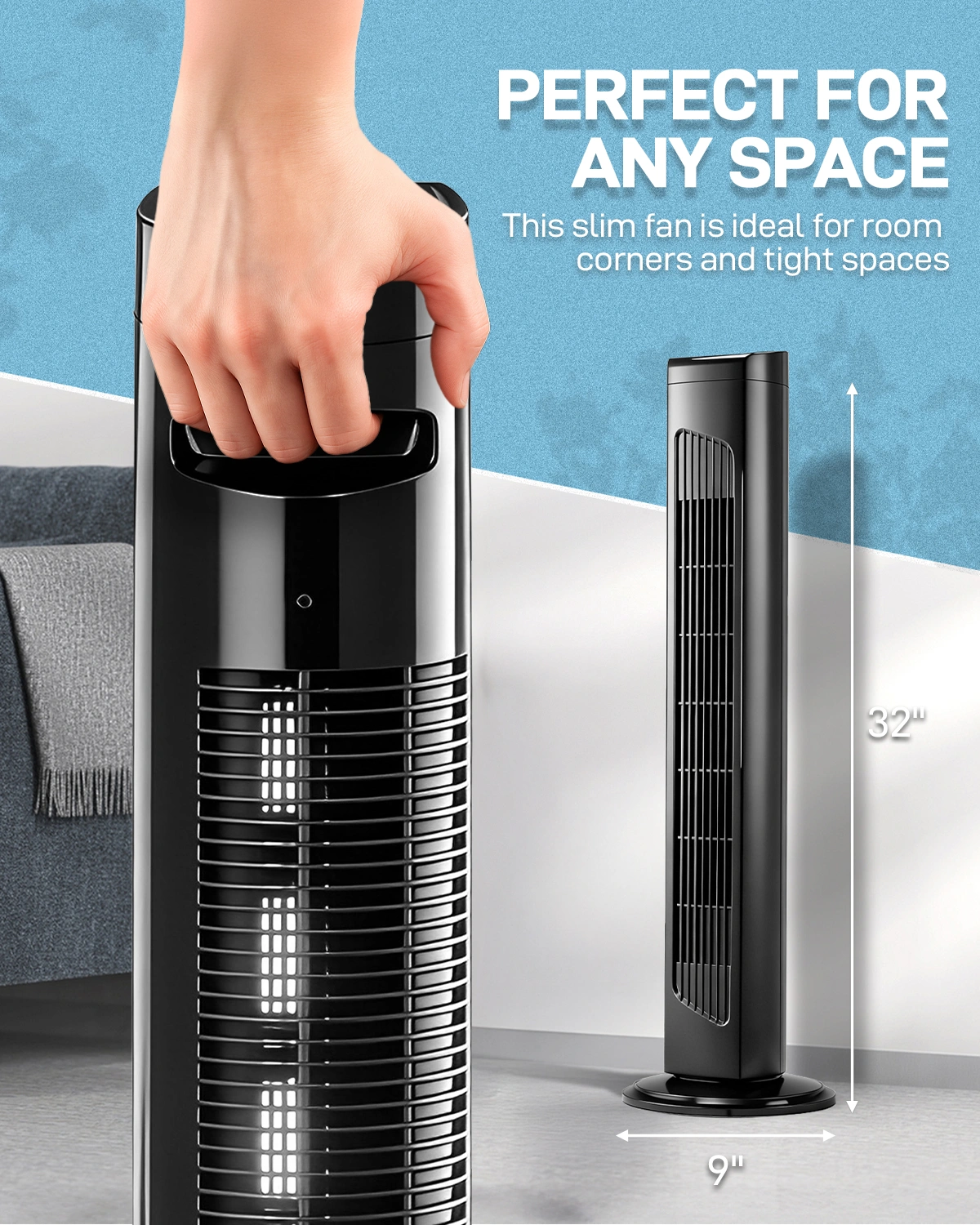 US Standard RTW-AR Tower Fan, 110V, 45W, 32 Inch Column Tower Fan, Touch Control with Remote, Plastic Body, Copper Motor, Black, 3 Speeds, 3 Wind Modes, Oscillating, 7.5-Hour Timer for Home Use view 18