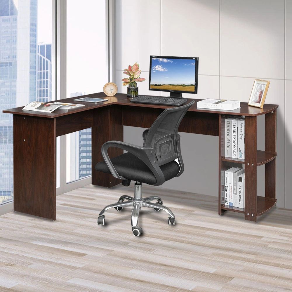 L-Shaped Wood Computer Desk with Two-Layer Bookshelves, Right-Angle Corner Office Desk for Home Workspace