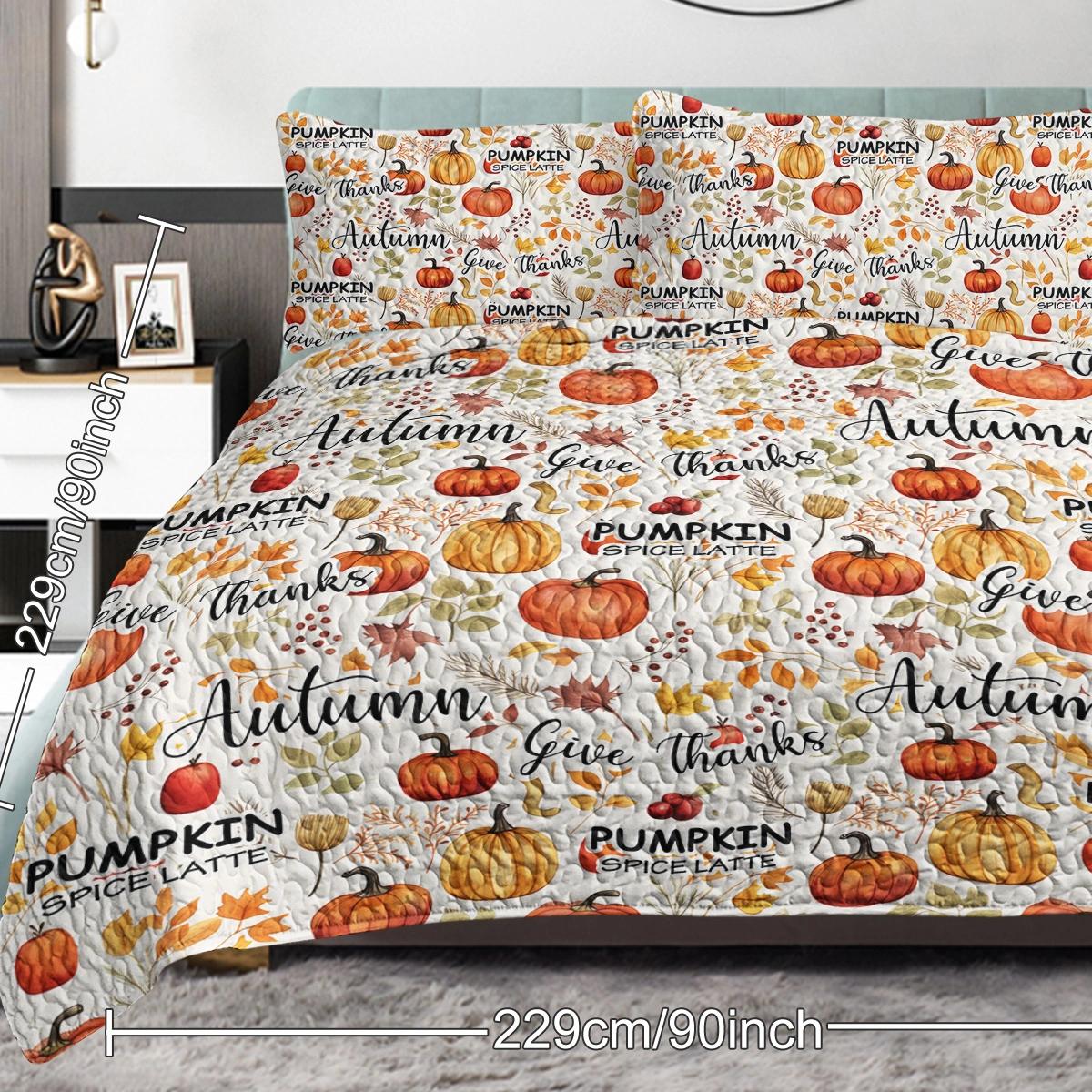 Pumpkin Autumn Leaves Quilt Set 3 Piece Queen Size All Season Bed view 11