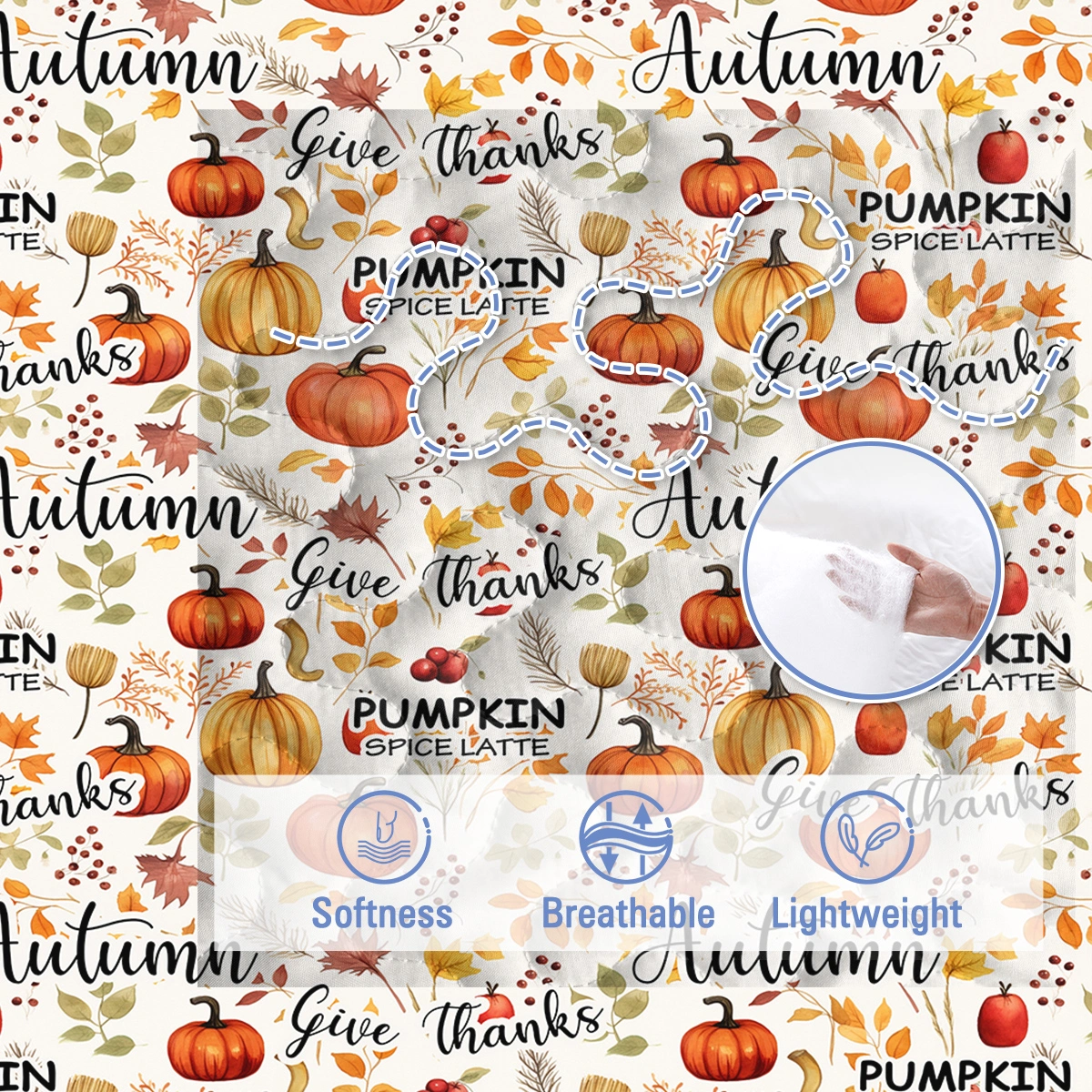 Pumpkin Autumn Leaves Quilt Set 3 Piece Queen Size All Season Bed view 5