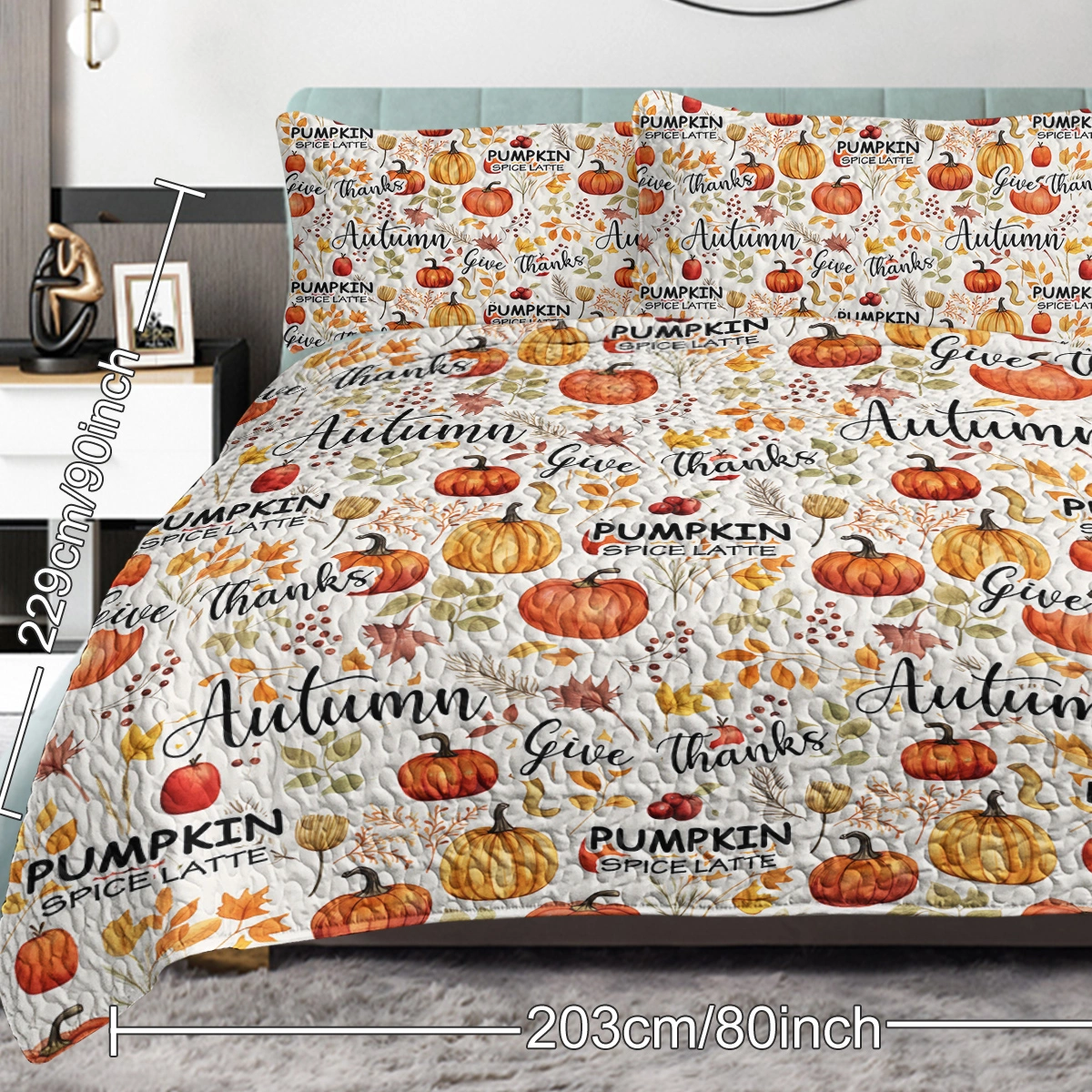 Pumpkin Autumn Leaves Quilt Set 3 Piece Queen Size All Season Bed view 9