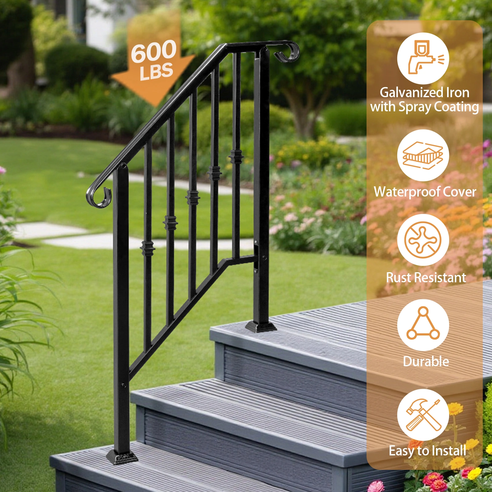 Matte Black Outdoor 2-Step Iron Handrail view 16