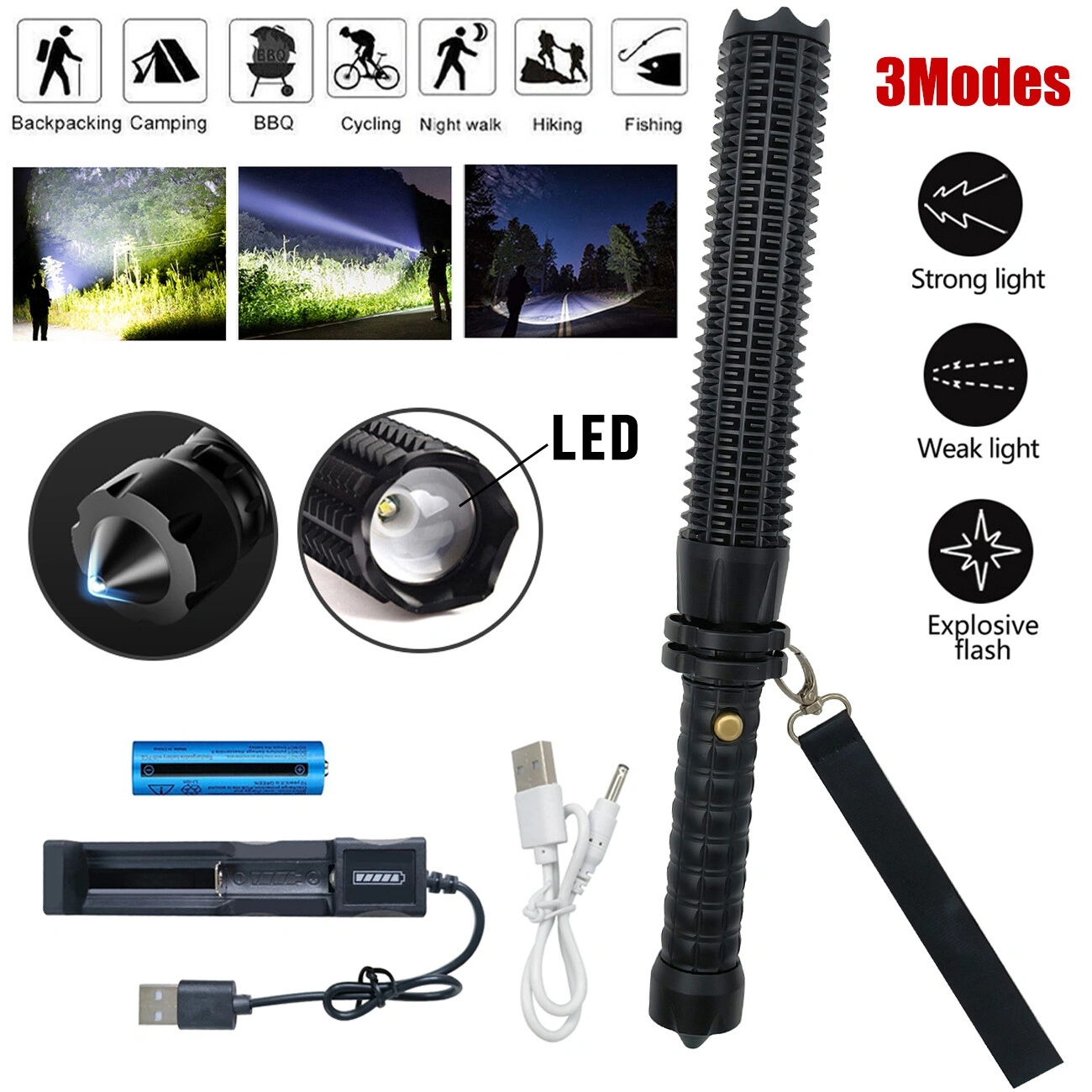 USB Rechargeable LED Flashlight, Retractable Torch with 3-Mode Zoomable Brightness, Security & Outdoor Light
