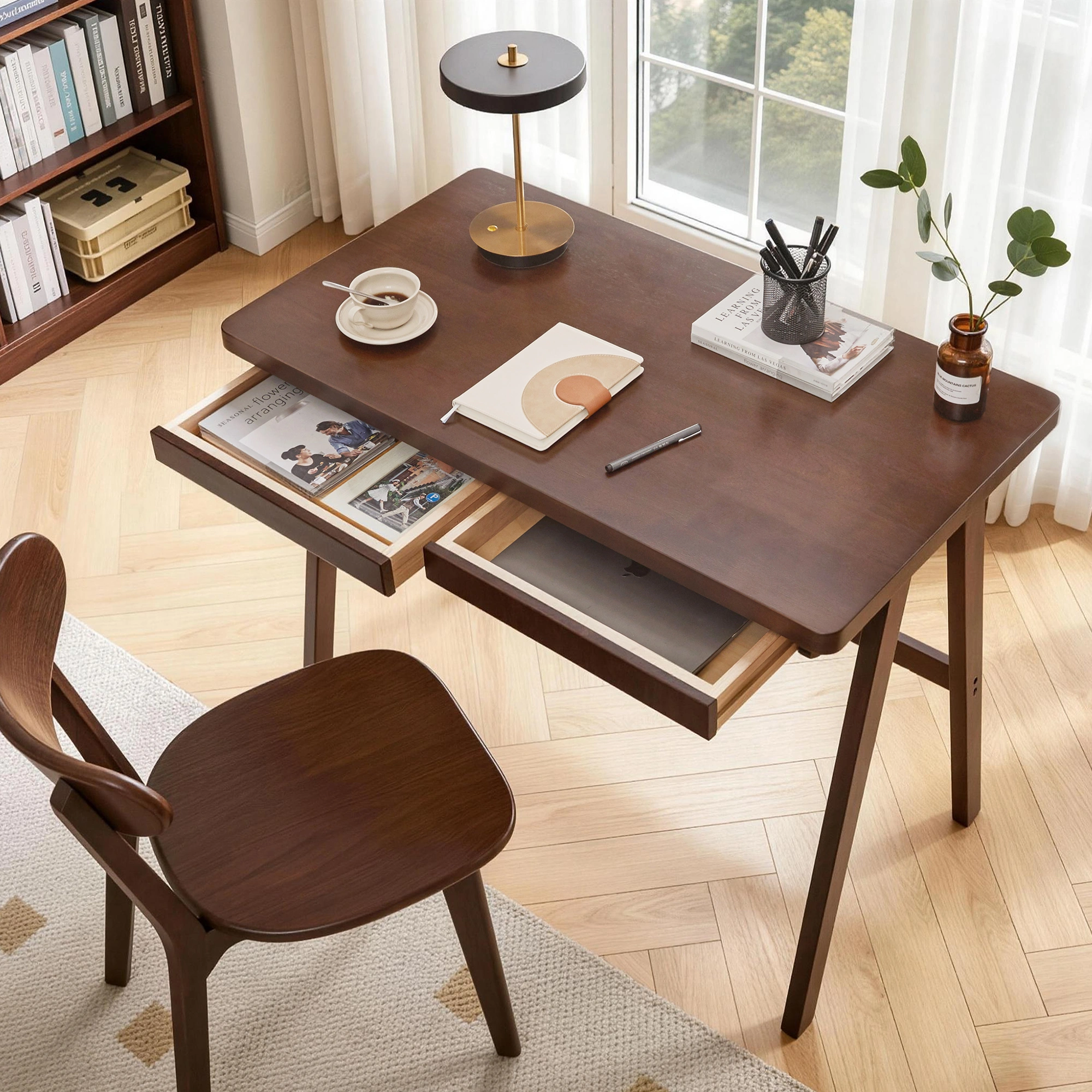 100% Solid Rubber Wood Computer Desk, Retro Walnut Writing Desk with Drawer, Sturdy A-Frame Leg, 39.37"×21.65", 0.71" Standard Thick Home Office Study Table view 13