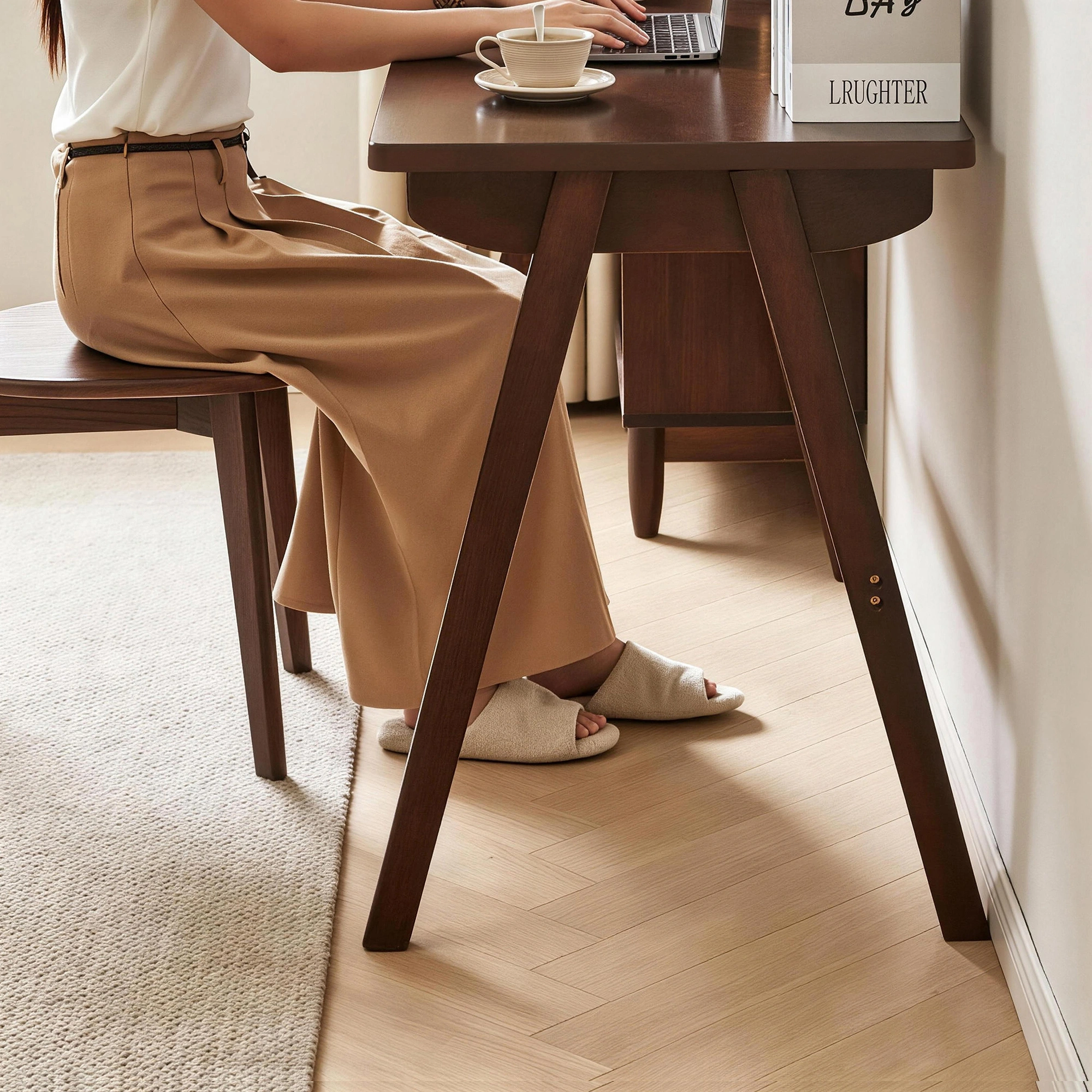 100% Solid Rubber Wood Computer Desk, Retro Walnut Writing Desk with Drawer, Sturdy A-Frame Leg, 39.37"×21.65", 0.71" Standard Thick Home Office Study Table view 14