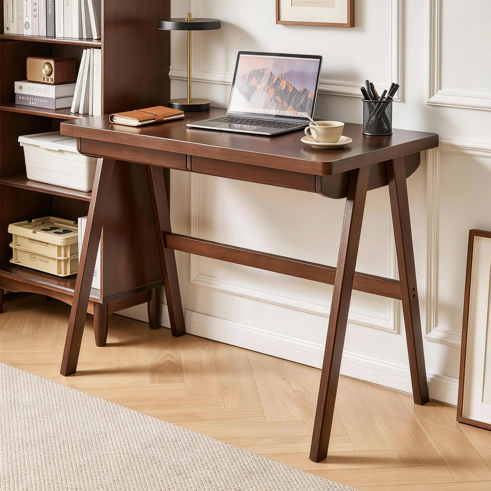 100% Solid Rubber Wood Computer Desk, Retro Walnut Writing Desk with Drawer, Sturdy A-Frame Leg, 39.37"×21.65", 0.71" Standard Thick Home Office Study Table view 18