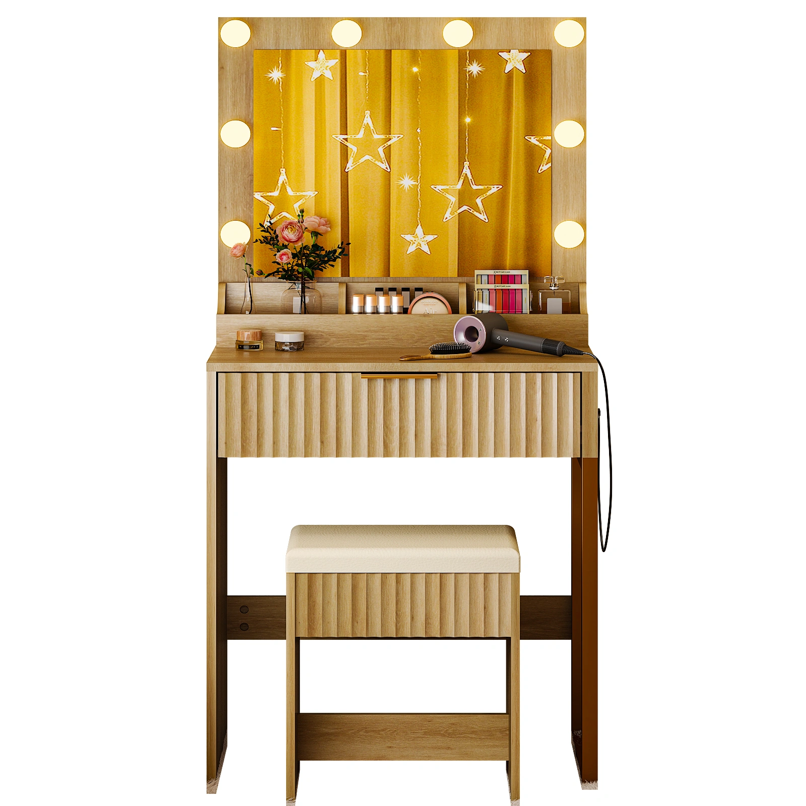 Oak-colored particleboard with a textured melamine veneer, 1 drawer with 3 compartments, dressing table set, includes 8 tri-color dimmer light bulbs, power strip, grille series view 2