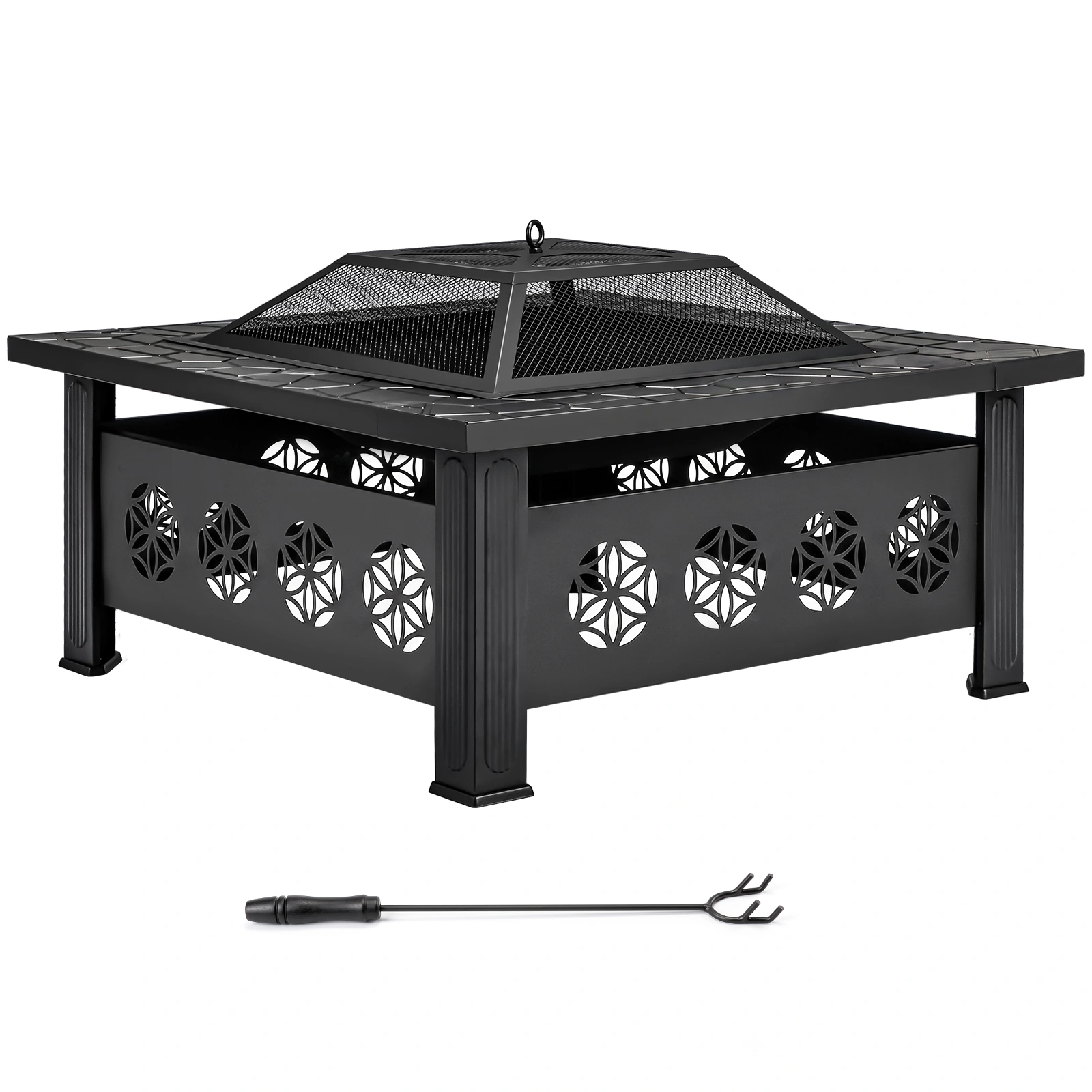 32 Inch Square Outdoor Wood Burning Fire Pit Table, Heavy Duty Wrought Iron Firepit with Pyramid Spark Screen Lid & Fire Poker, Decorative Floral Cutout Patio Fire Pit for Backyard, Garden, Lawn and Camping, Black