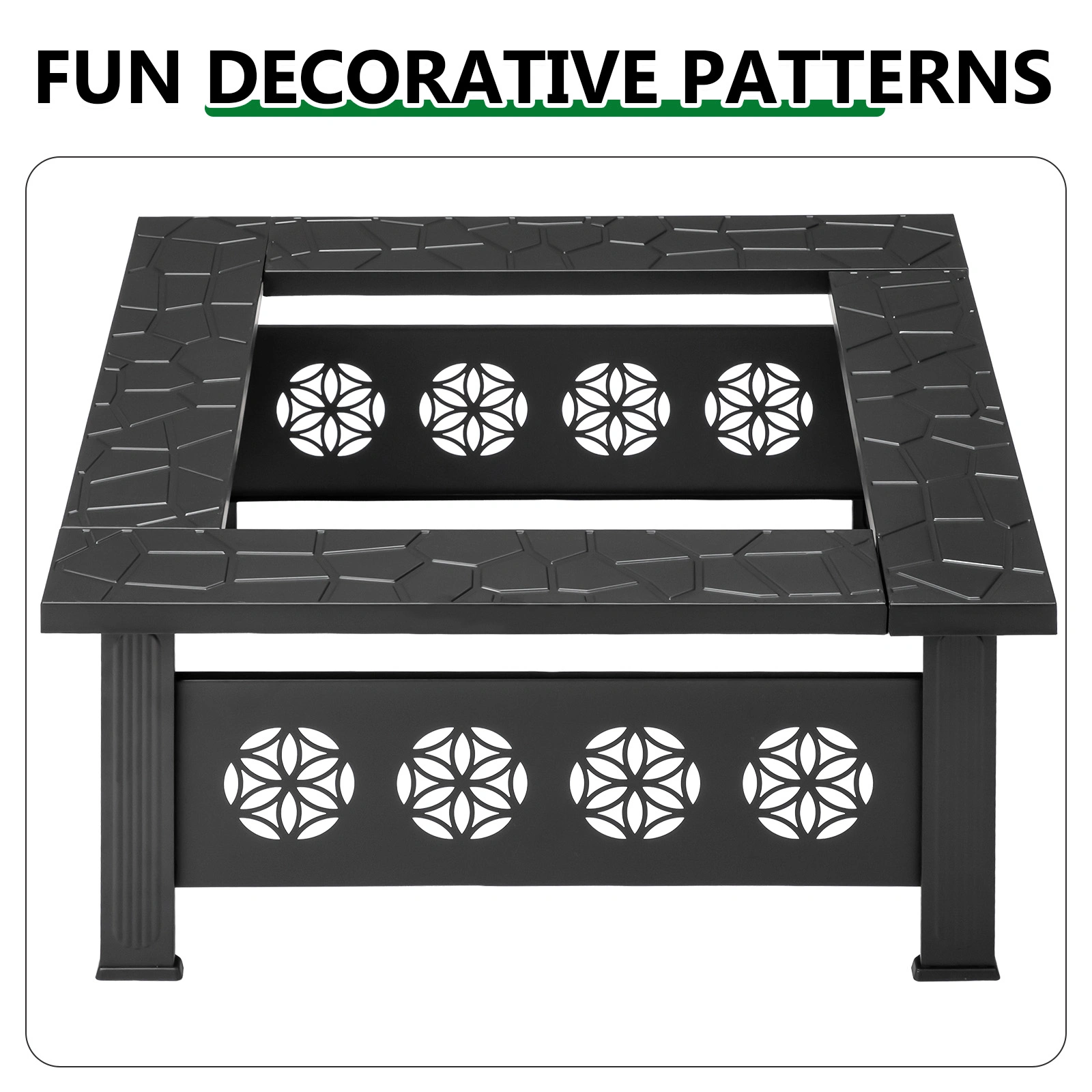32" Square Outdoor Wood Burning Fire Pit Table, Heavy Duty Wrought Iron Firepit w/ Pyramid Spark Screen Lid & Fire Poker, Floral Cutout Patio Fire Pit, Black view 3