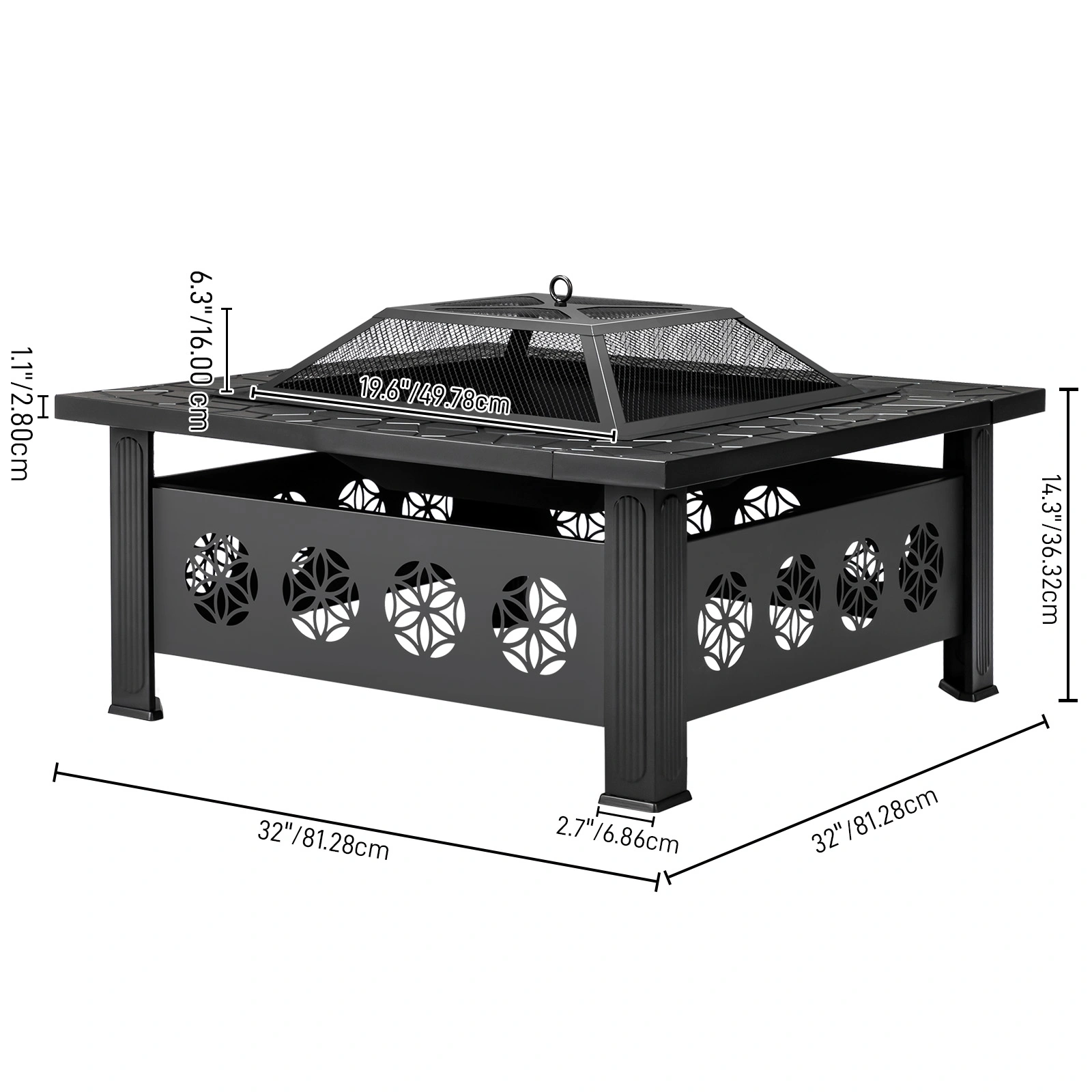 32" Square Outdoor Wood Burning Fire Pit Table, Heavy Duty Wrought Iron Firepit w/ Pyramid Spark Screen Lid & Fire Poker, Floral Cutout Patio Fire Pit, Black view 4