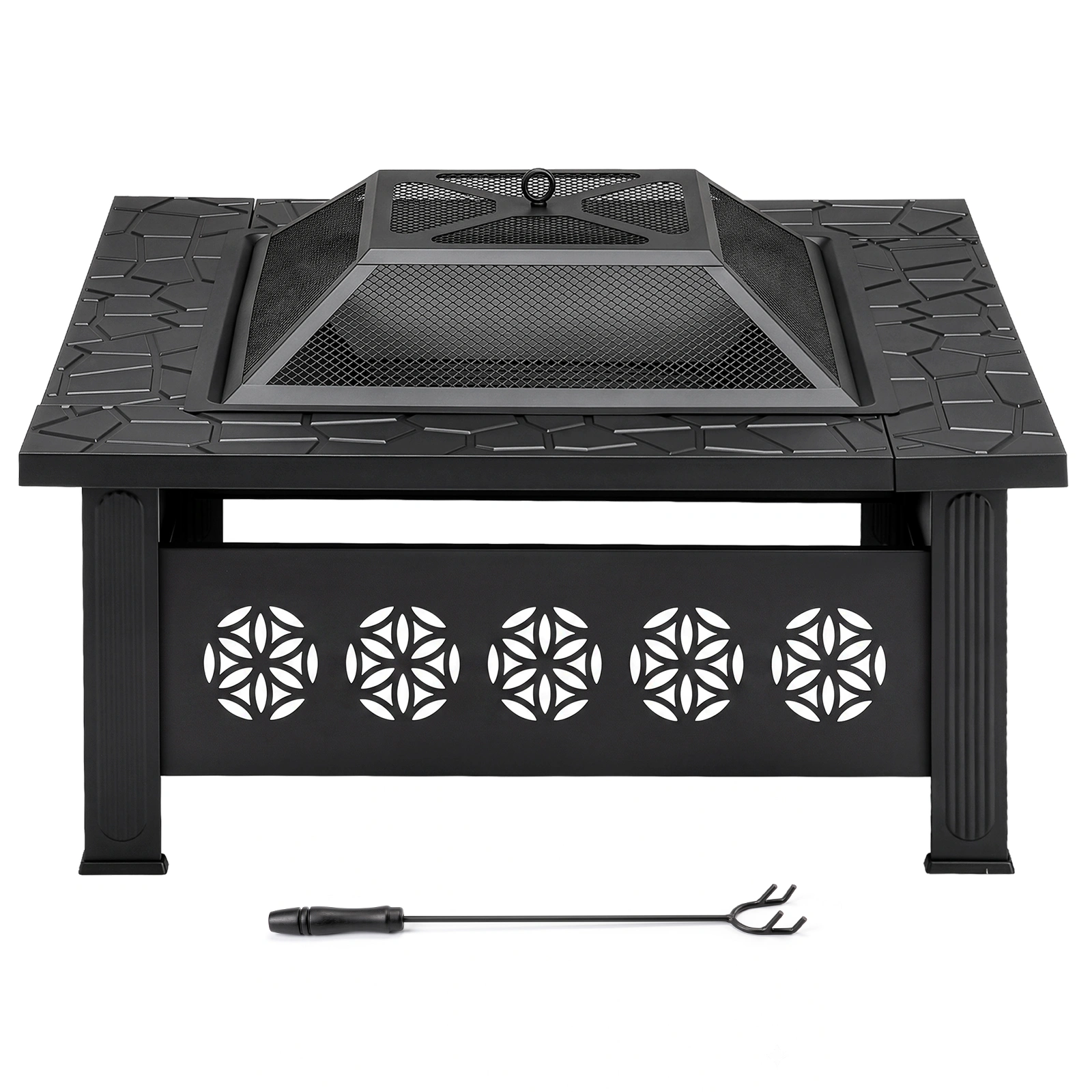 32" Square Outdoor Wood Burning Fire Pit Table, Heavy Duty Wrought Iron Firepit w/ Pyramid Spark Screen Lid & Fire Poker, Floral Cutout Patio Fire Pit, Black view 6