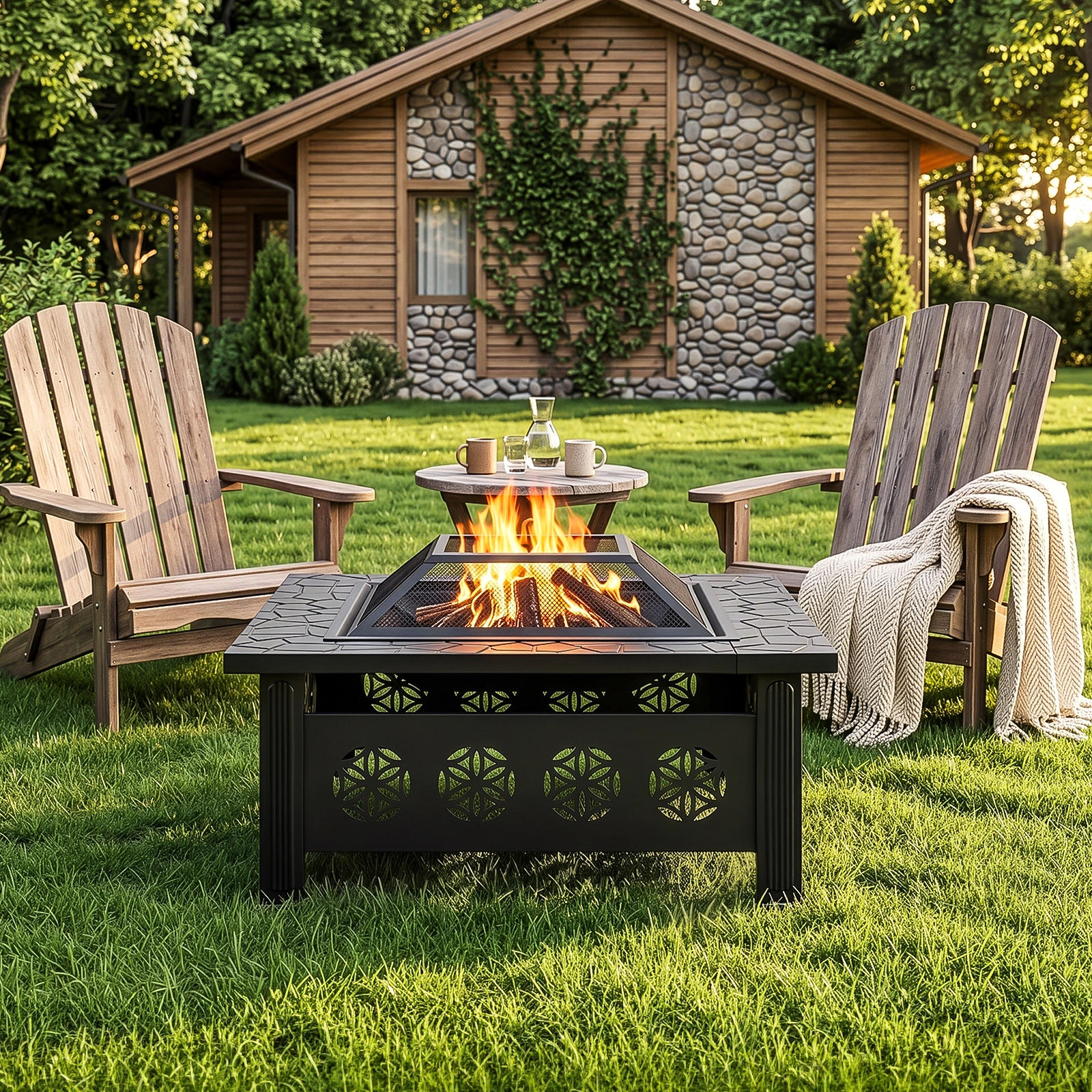 32" Square Outdoor Wood Burning Fire Pit Table, Heavy Duty Wrought Iron Firepit w/ Pyramid Spark Screen Lid & Fire Poker, Floral Cutout Patio Fire Pit, Black view 7