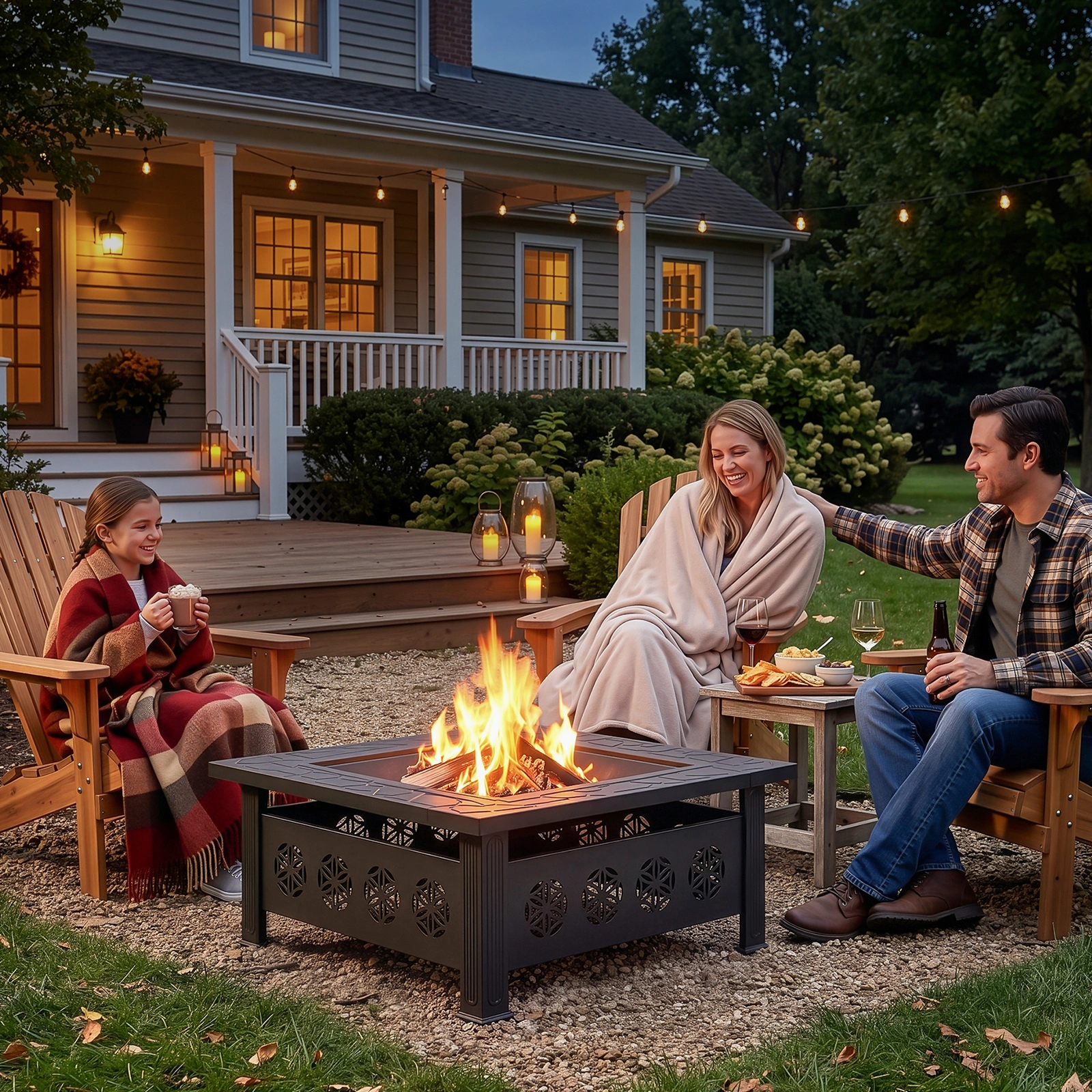 32" Square Outdoor Wood Burning Fire Pit Table, Heavy Duty Wrought Iron Firepit w/ Pyramid Spark Screen Lid & Fire Poker, Floral Cutout Patio Fire Pit, Black view 8