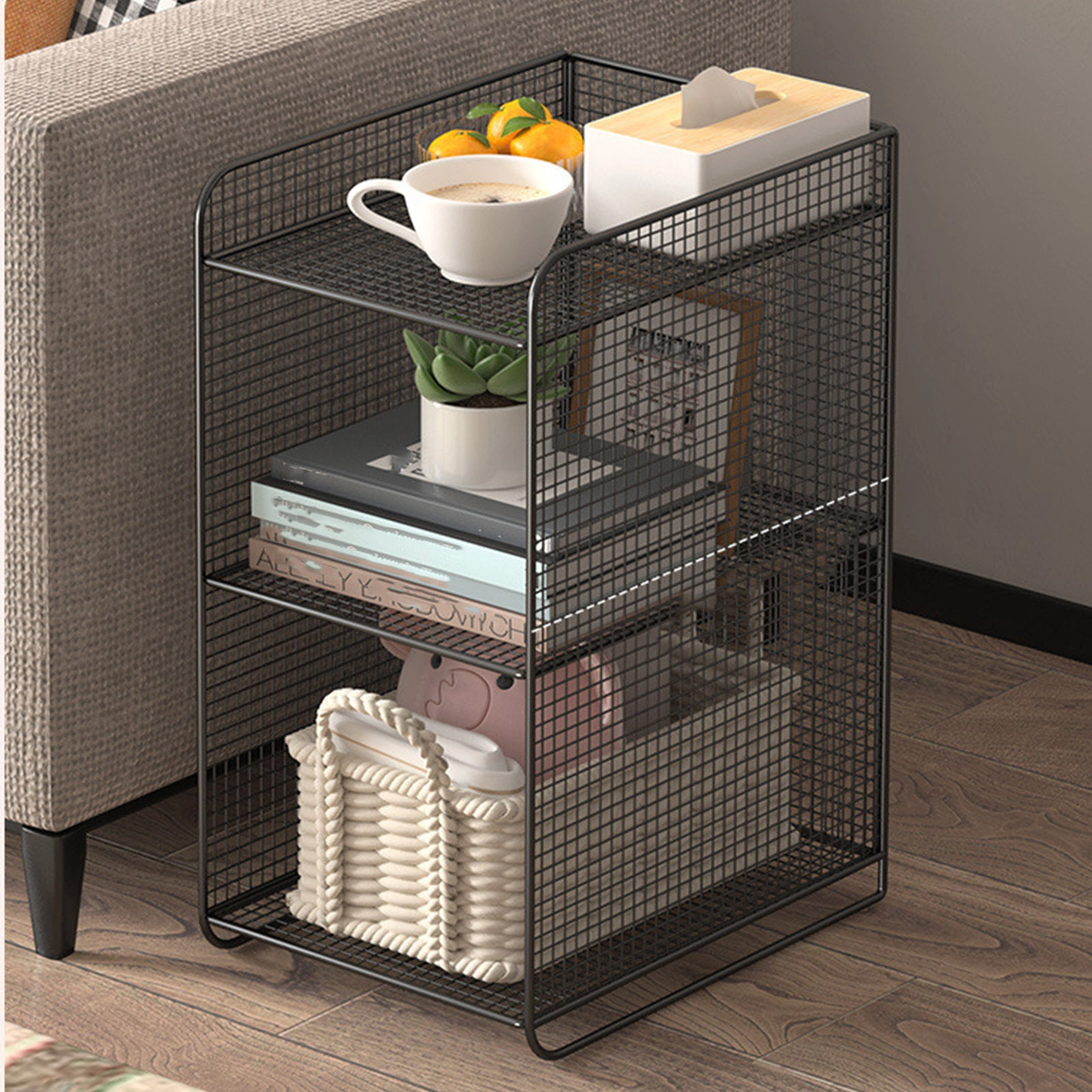 Heavy Duty Metal Storage Shelf Rack - Side Table End Shelving Unit, Black Steel Organizer for Home Bedroom & Living Room