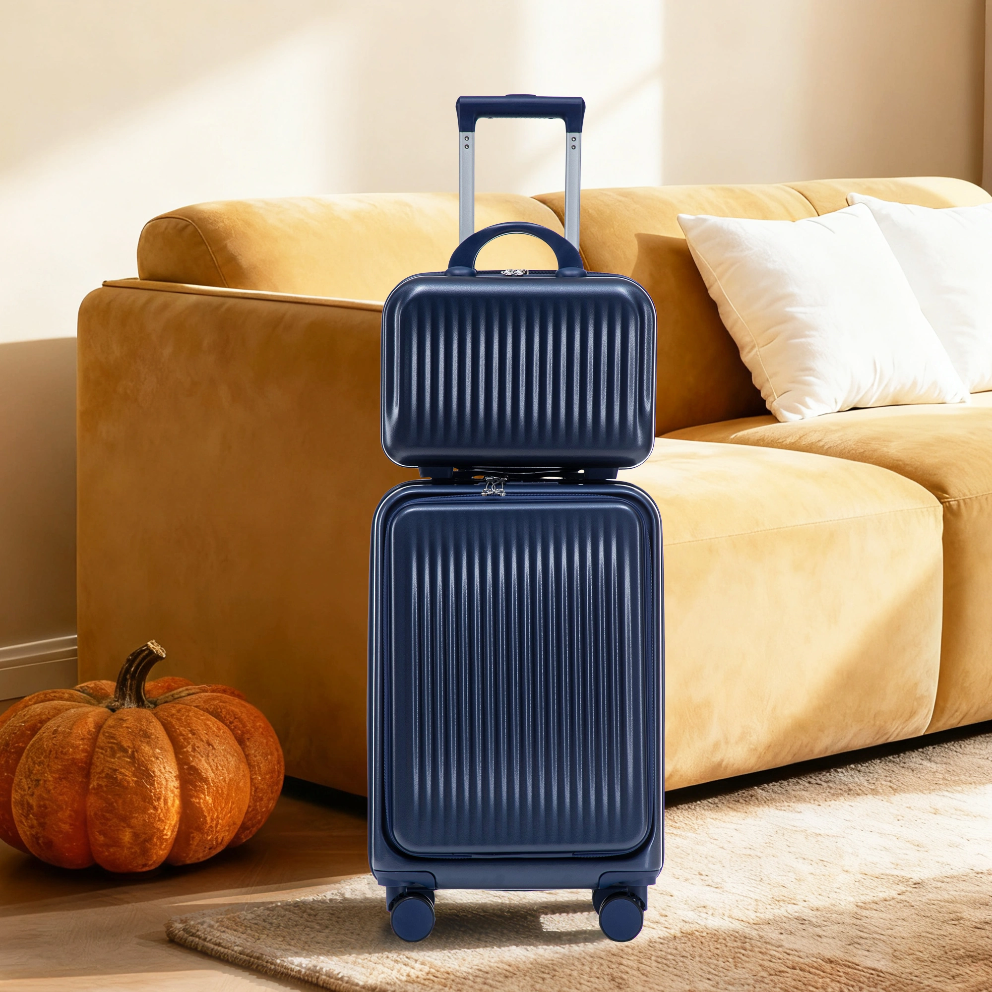 2 Piece ABS Spinner Luggage Set 14" Cosmetic Case & 20" Carry-On, Combo Lock, Front Opening Design, Navy view 18