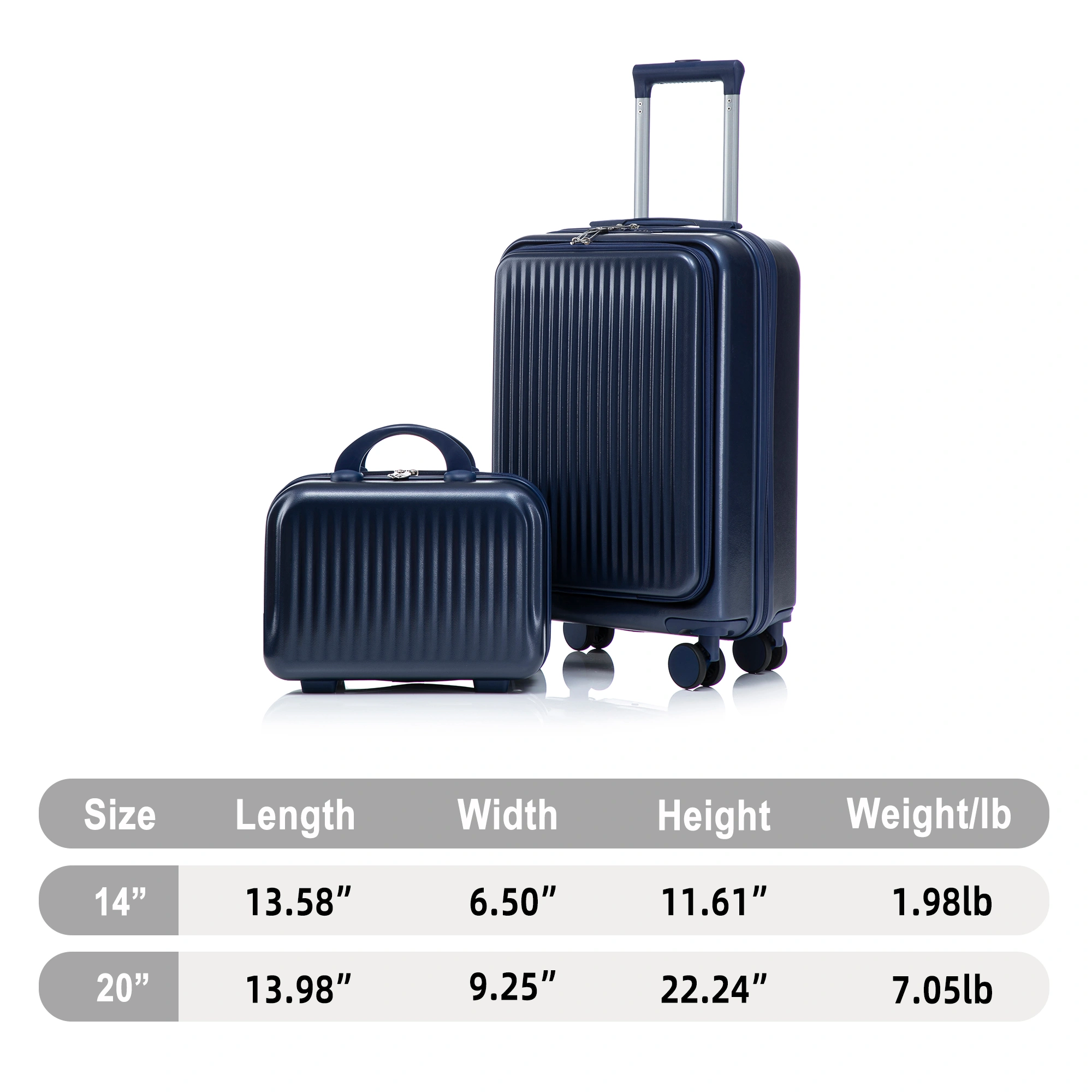 2 Piece ABS Spinner Luggage Set 14" Cosmetic Case & 20" Carry-On, Combo Lock, Front Opening Design, Navy view 2