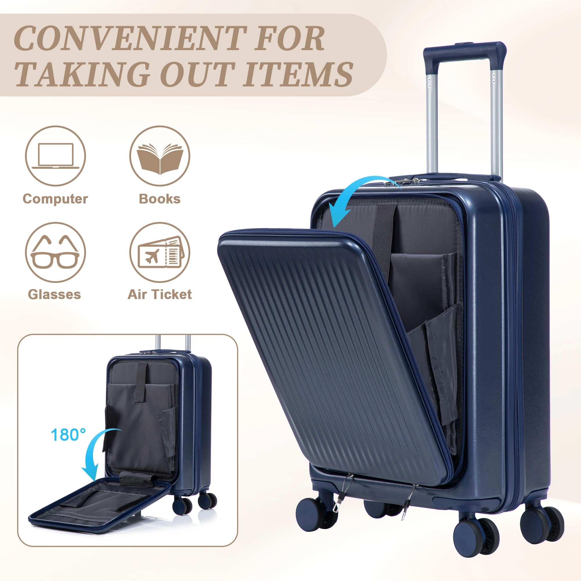 2 Piece ABS Spinner Luggage Set 14" Cosmetic Case & 20" Carry-On, Combo Lock, Front Opening Design, Navy view 6