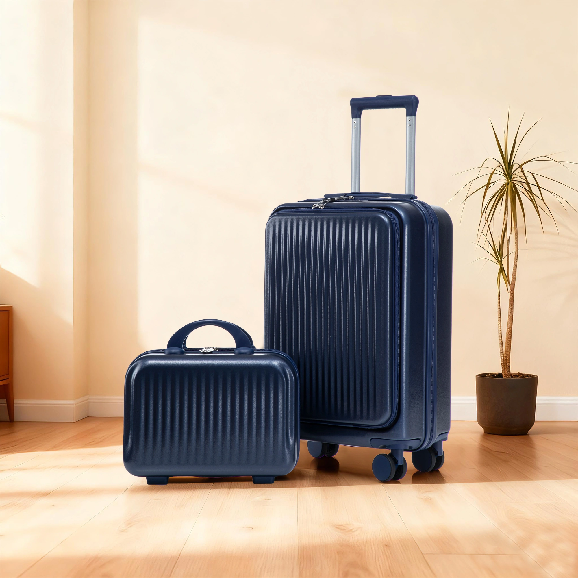 2 Piece ABS Spinner Luggage Set 14" Cosmetic Case & 20" Carry-On, Combo Lock, Front Opening Design, Navy view 7