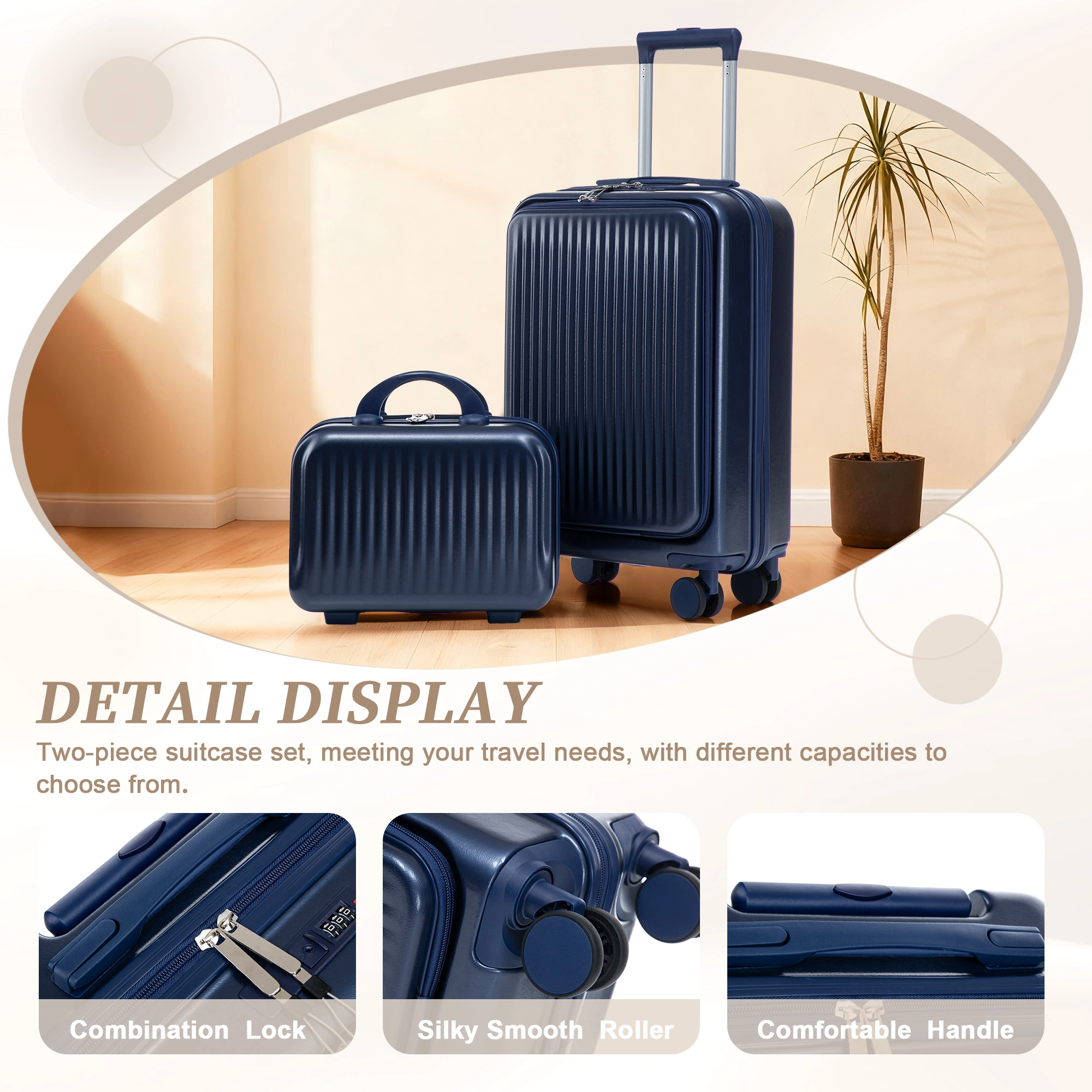 2 Piece ABS Spinner Luggage Set 14" Cosmetic Case & 20" Carry-On, Combo Lock, Front Opening Design, Navy view 9