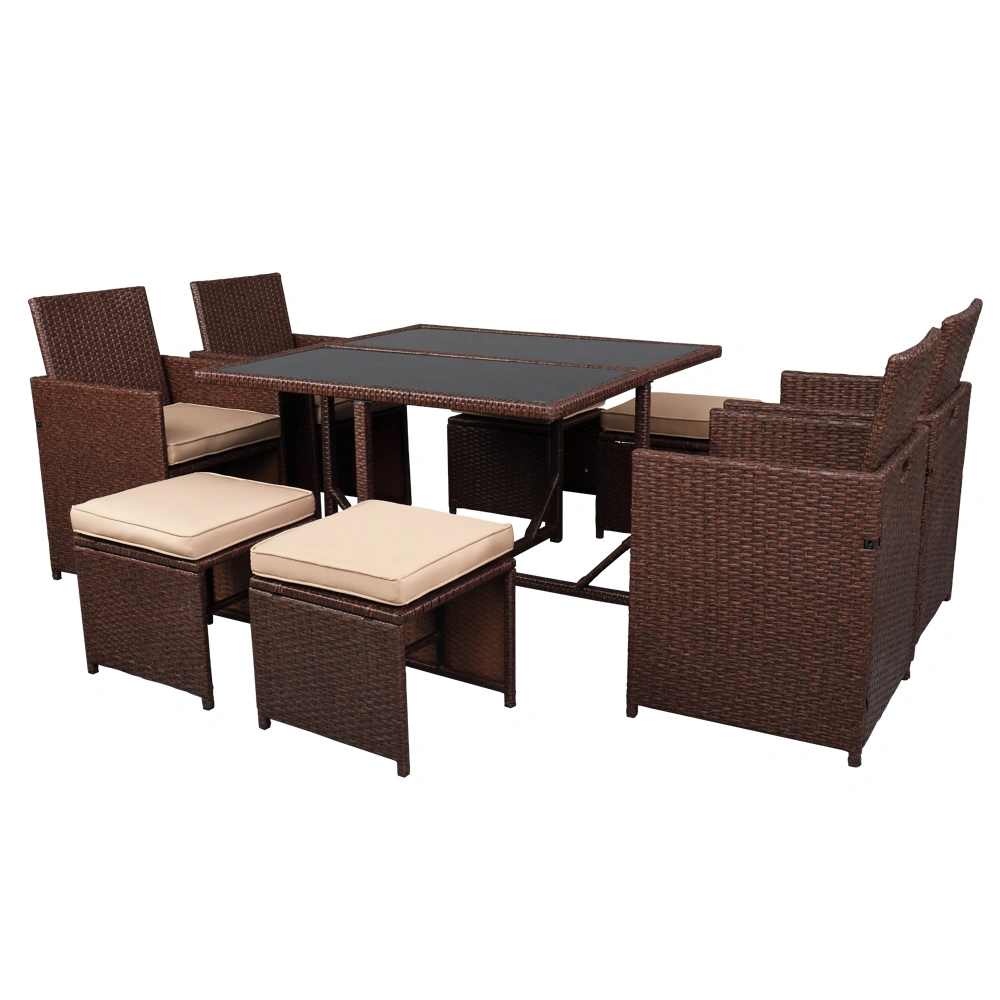 9 Piece PE Wicker Rattan Patio Dining Set with Tempered Glass Table Wood Grain Outdoor Furniture Carton 1 view 2