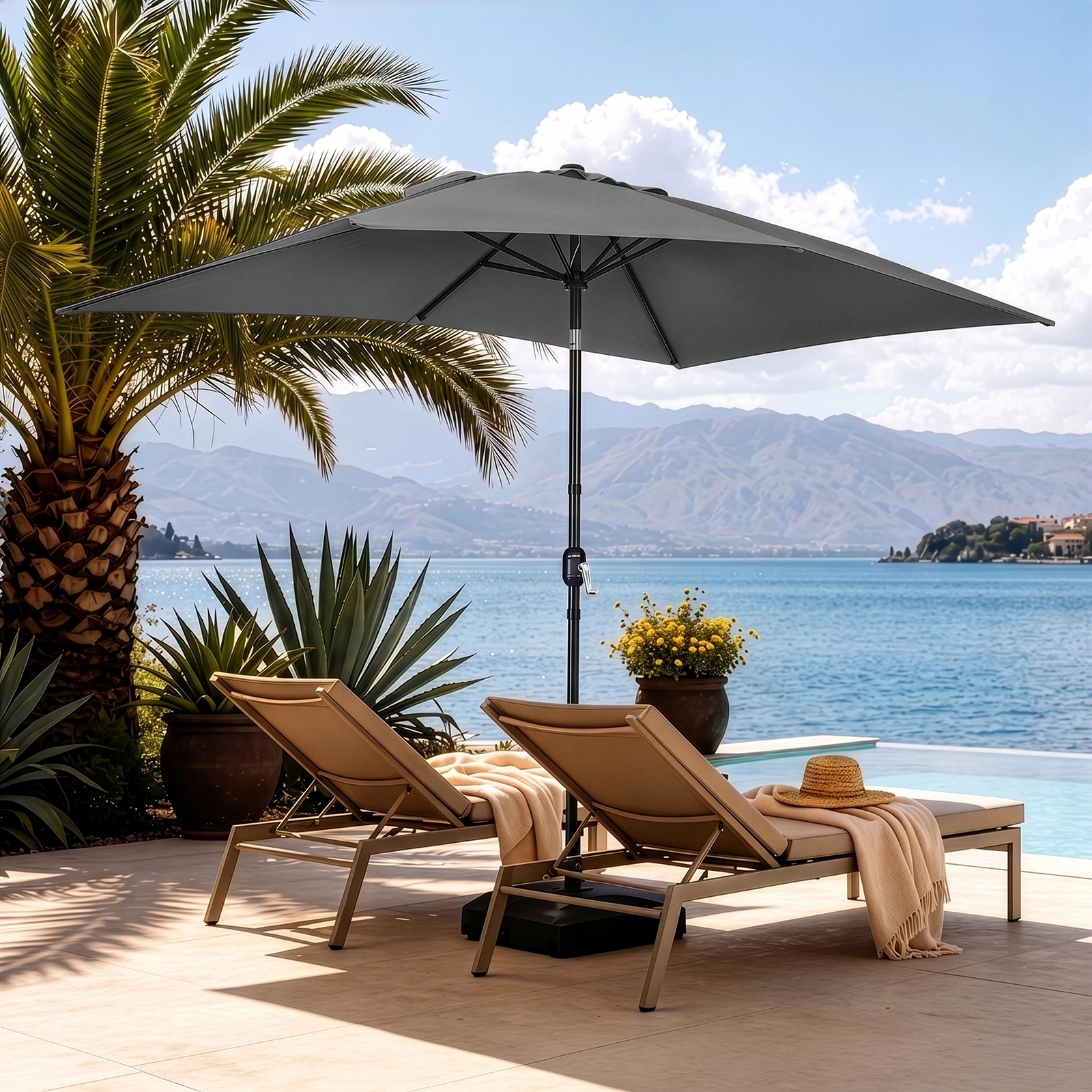 10 x 6.5 FT Square Patio Umbrella, Tilting Outdoor Sun Shade Umbrella with 6 Iron Ribs & Iron Pole, Polyester Fabric Outdoor Market Umbrella Gray view 8