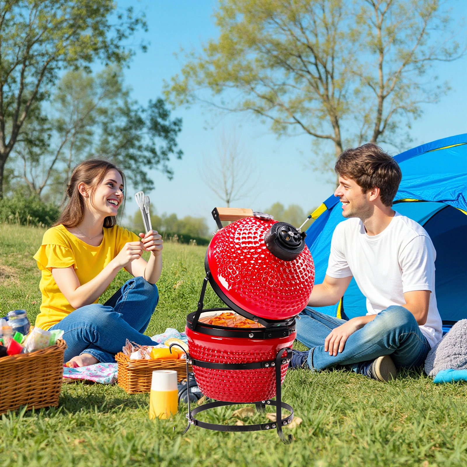 13-inch Portable Ceramic Charcoal Grill with Grill Stand, Stainless Steel Cooking Grate, Heat Deflectors and Ash Tool for Outdoor Cooking and Camping, Red view 11