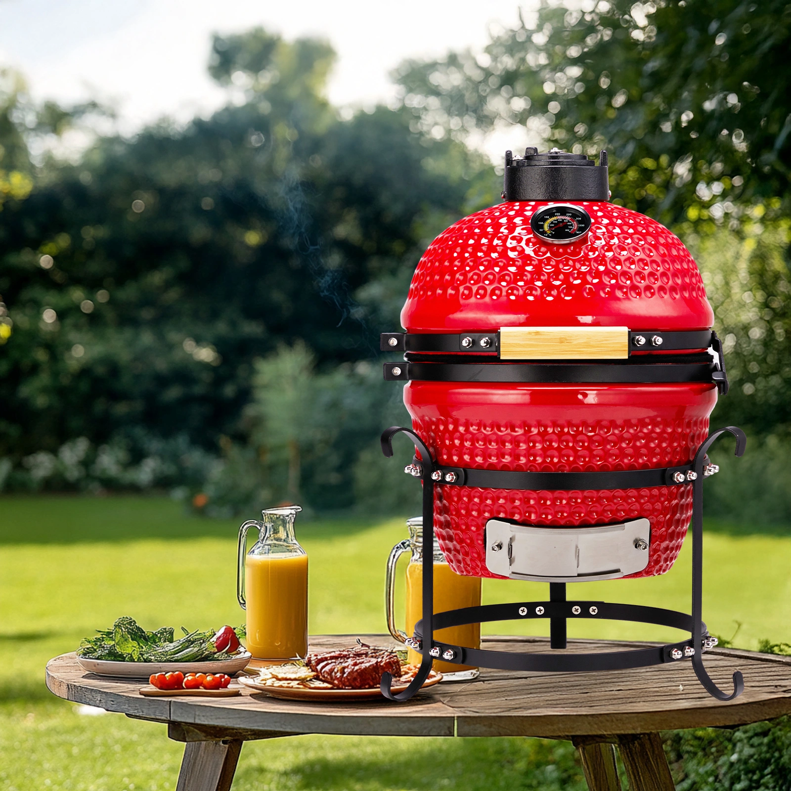 13-inch Portable Ceramic Charcoal Grill with Grill Stand, Stainless Steel Cooking Grate, Heat Deflectors and Ash Tool for Outdoor Cooking and Camping, Red view 12
