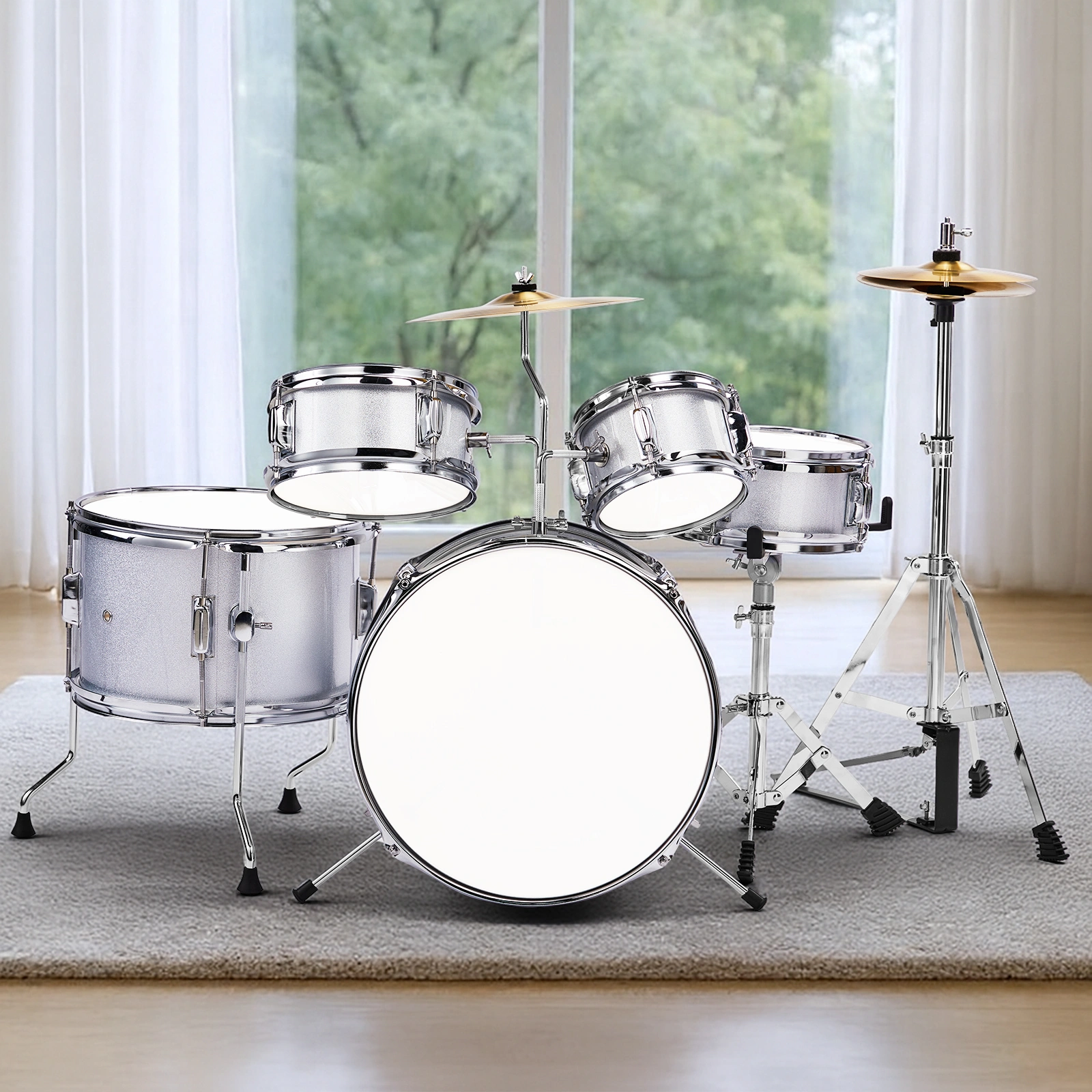 14"x10" 5-Pieces Junior Kids Drum Set Kit Pedal Drum Stick Wrench Drum Stool Silver view 10